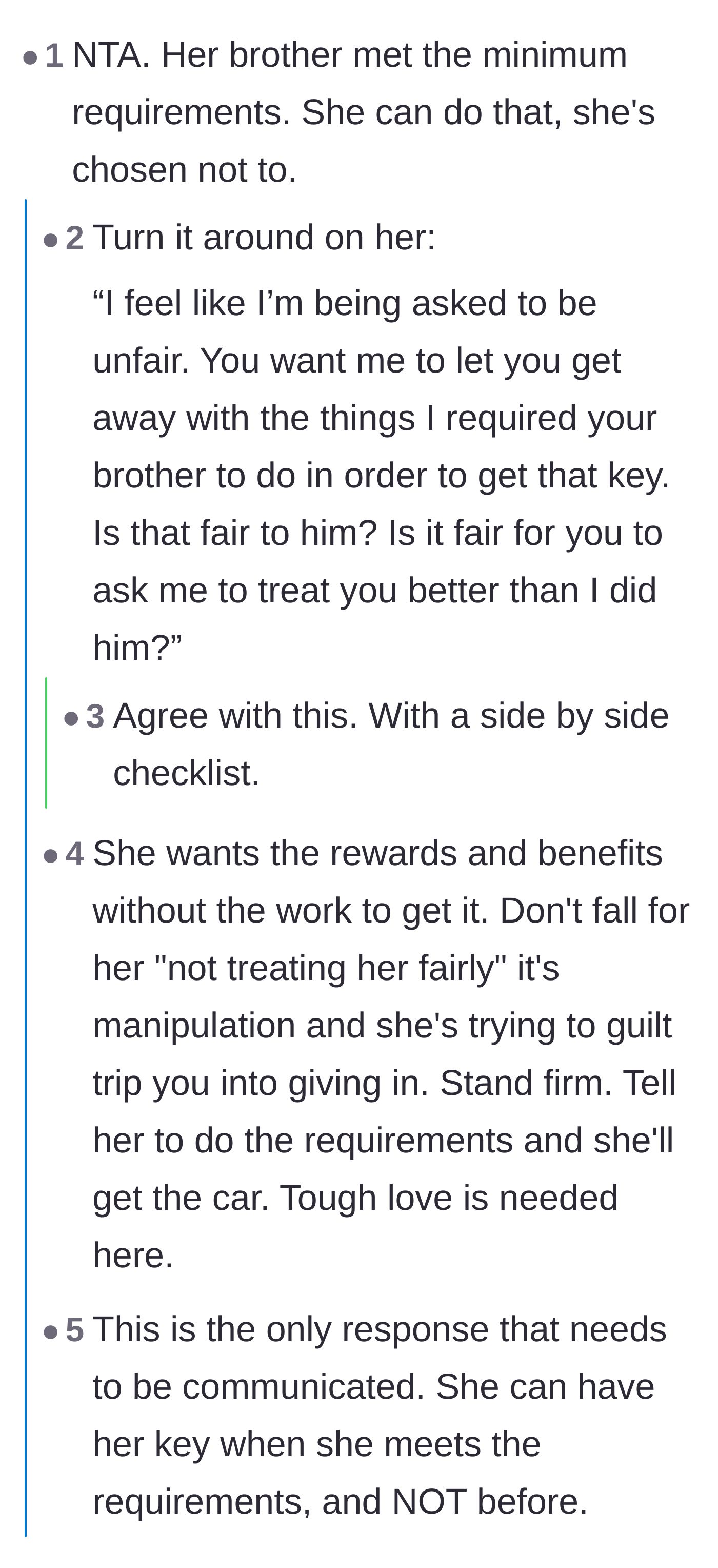 Comment thread 1 - Advice on using a checklist to turn the daughter's fairness argument back around on her
