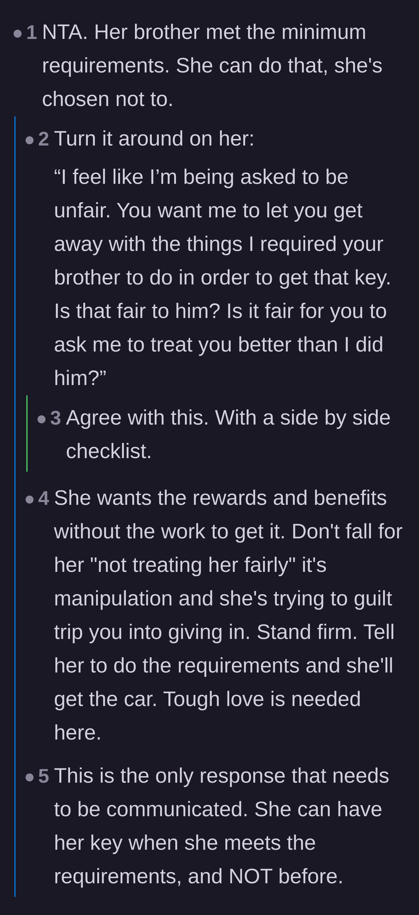 Comment thread 1 - Advice on using a checklist to turn the daughter's fairness argument back around on her