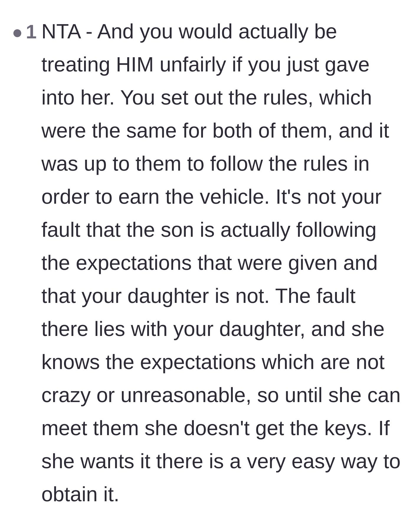 Comment thread 4 - Discussion on how giving the daughter the car keys would be a massive betrayal of the son's hard work