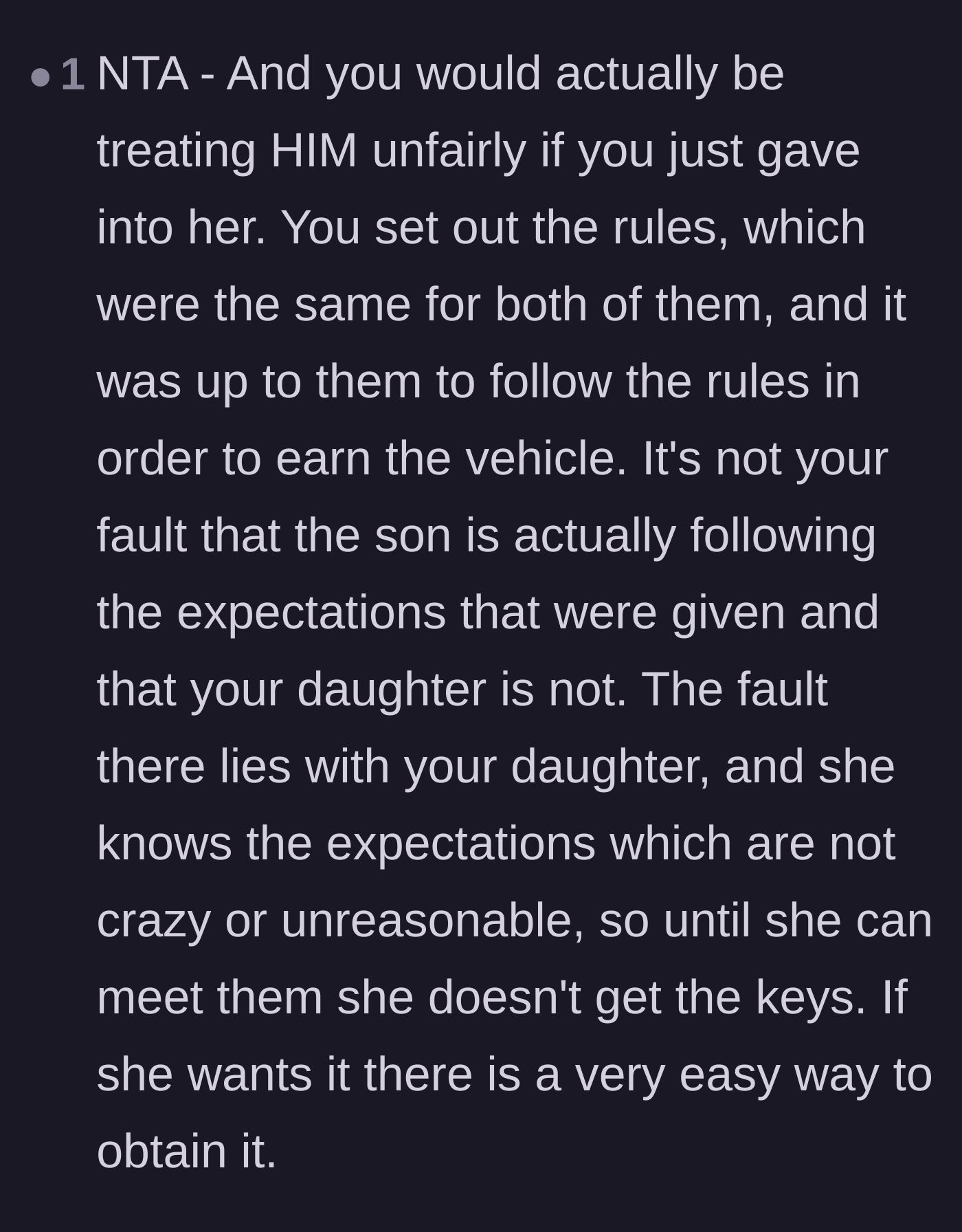 Comment thread 4 - Discussion on how giving the daughter the car keys would be a massive betrayal of the son's hard work