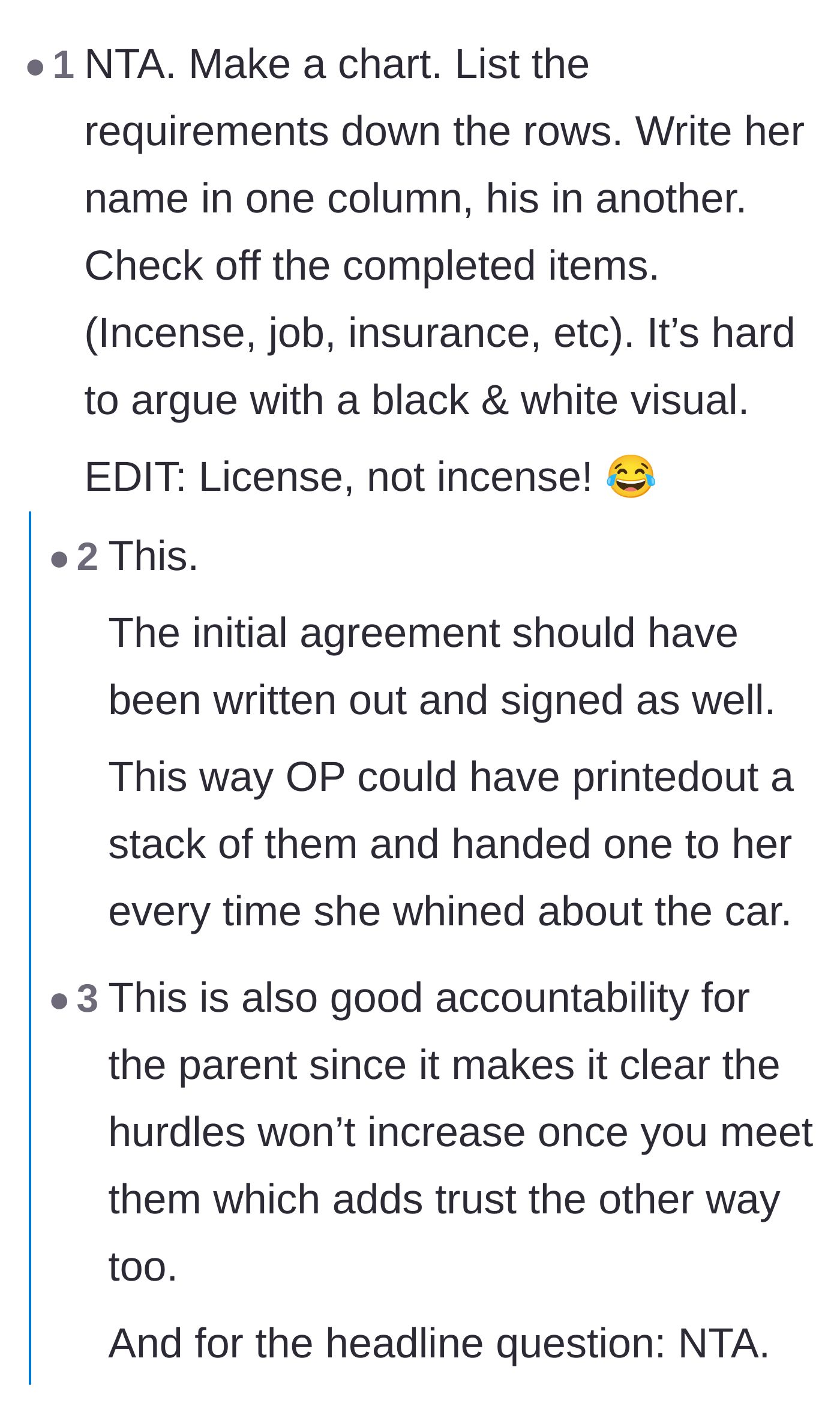 Comment thread 5 - A humorous suggestion to create a visual chart tracking both teenagers' progress against the parent's rules