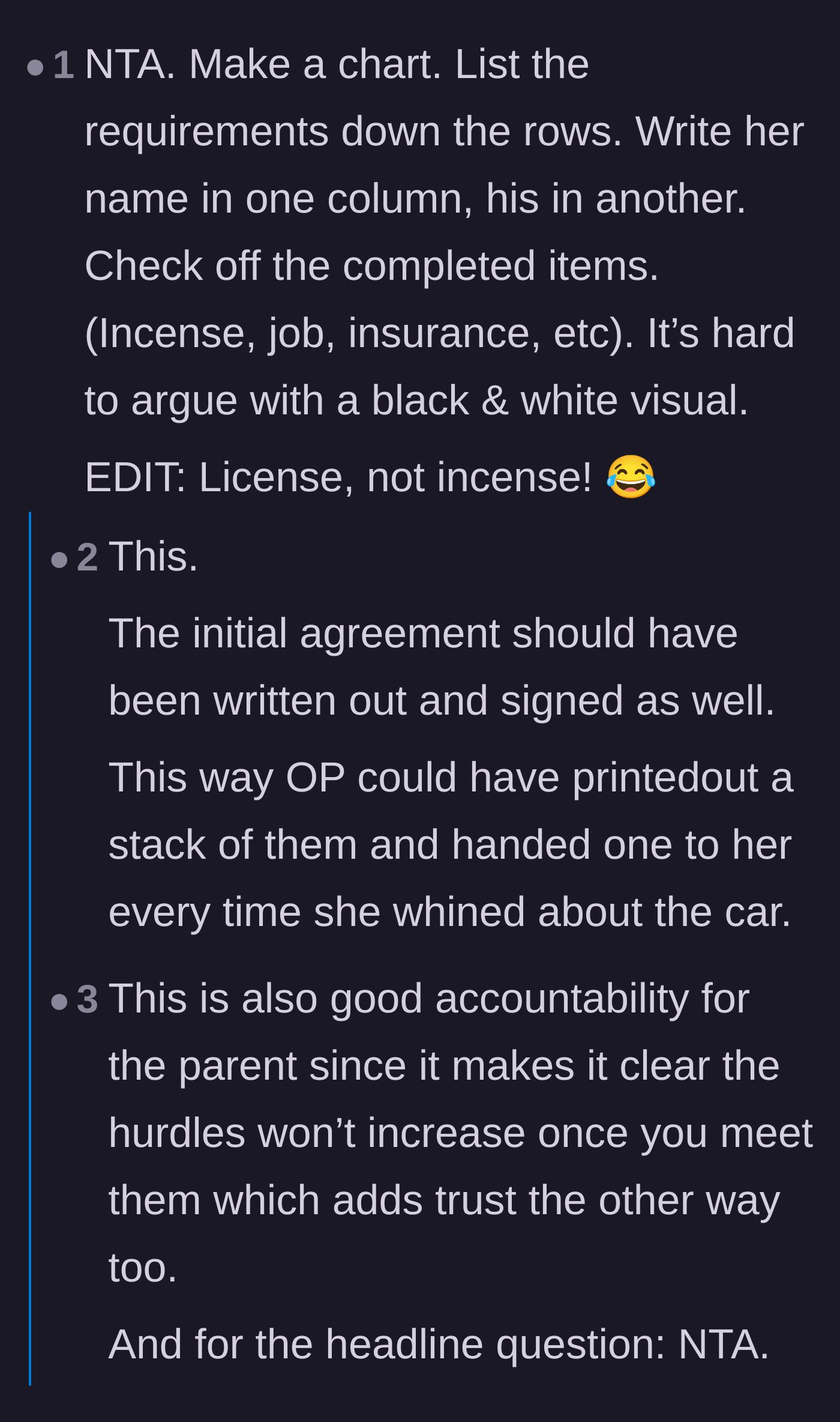 Comment thread 5 - A humorous suggestion to create a visual chart tracking both teenagers' progress against the parent's rules