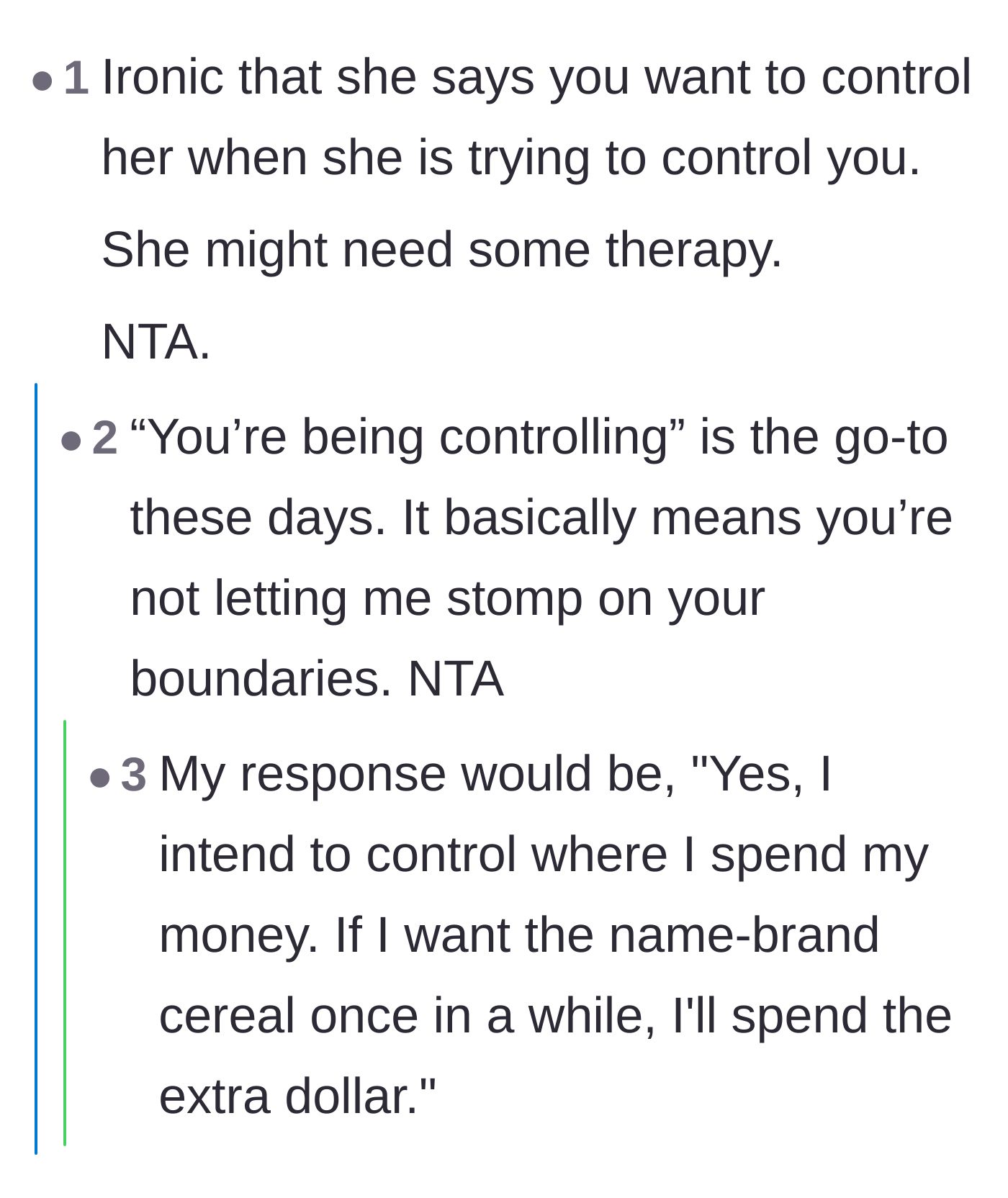 Comment thread 1 - Discussion on the hypocrisy of the girlfriend's 'controlling' accusation.