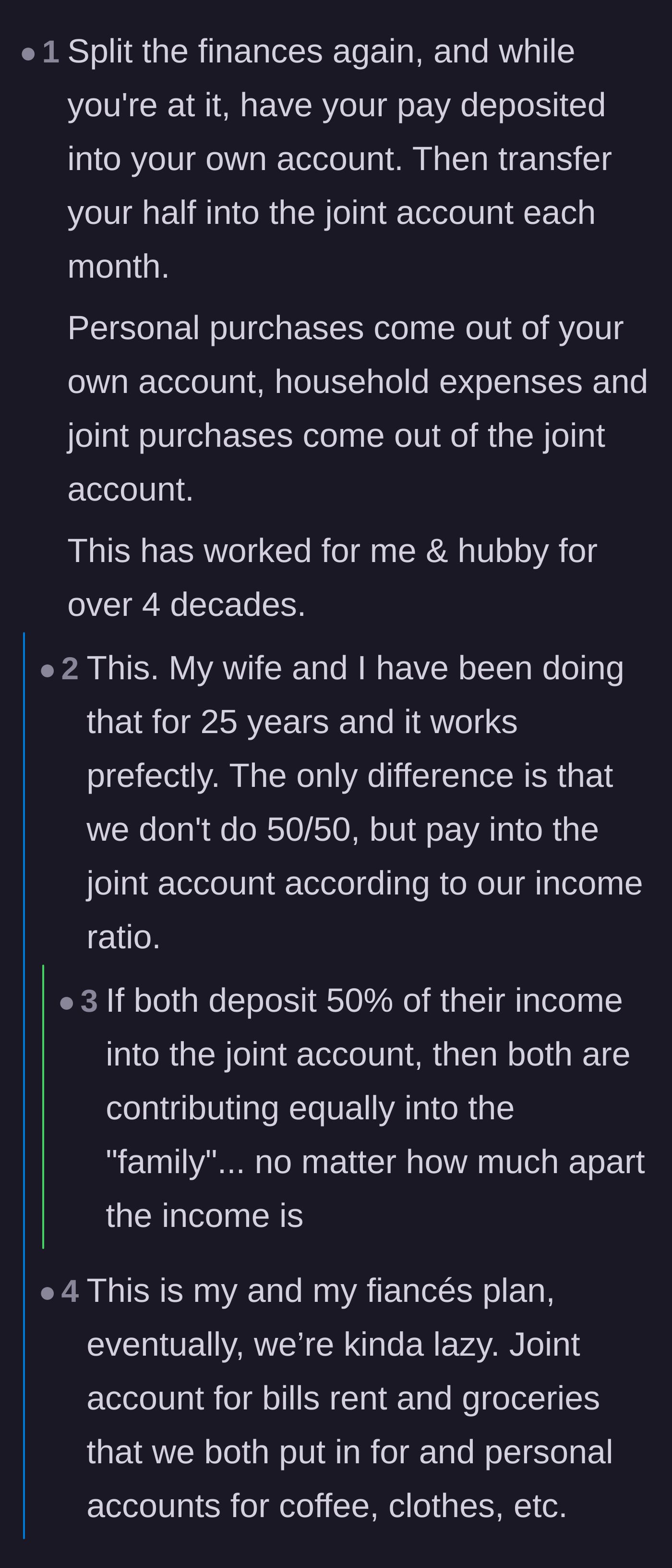 Comment thread 2 - Practical advice on structuring a fair 'yours, mine, and ours' banking system.