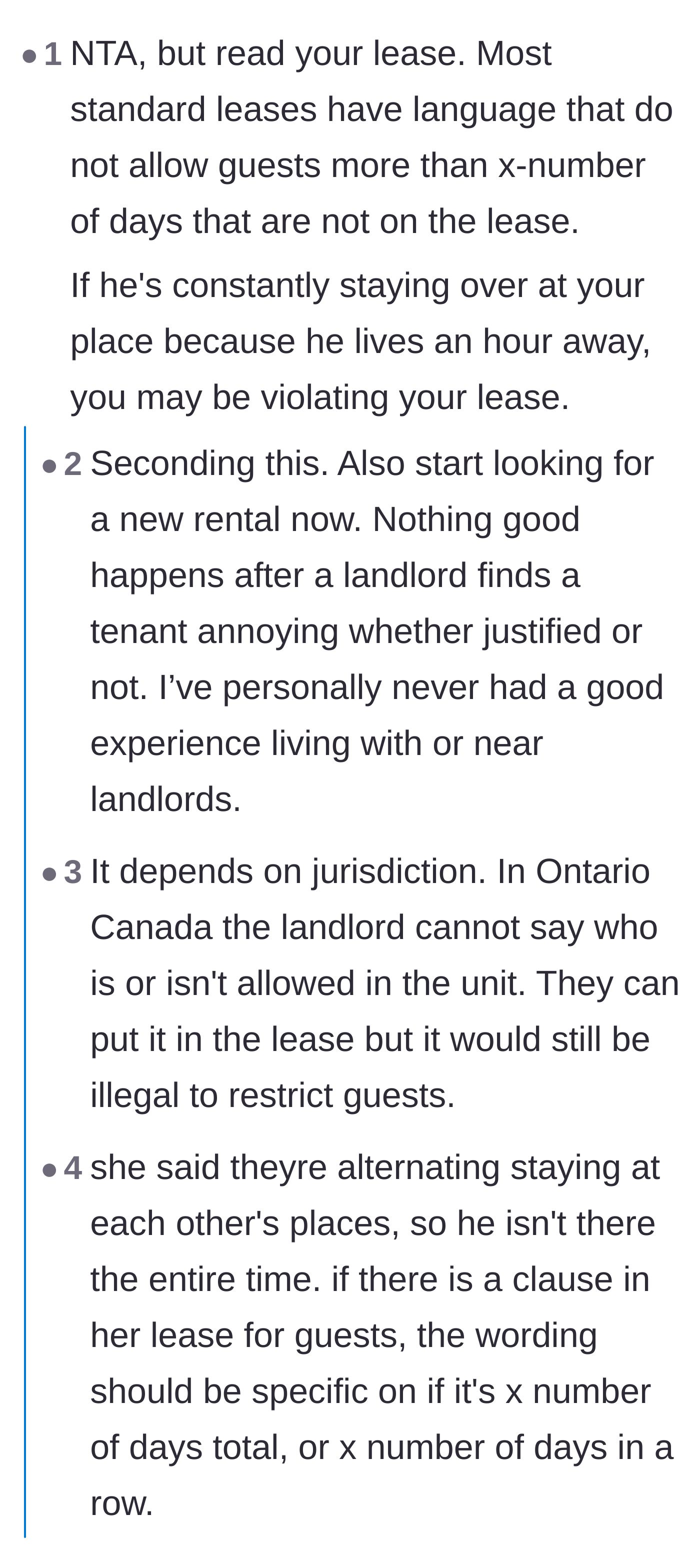 Comment thread 1 - A debate on standard lease agreements regarding overnight guests and local tenancy laws.