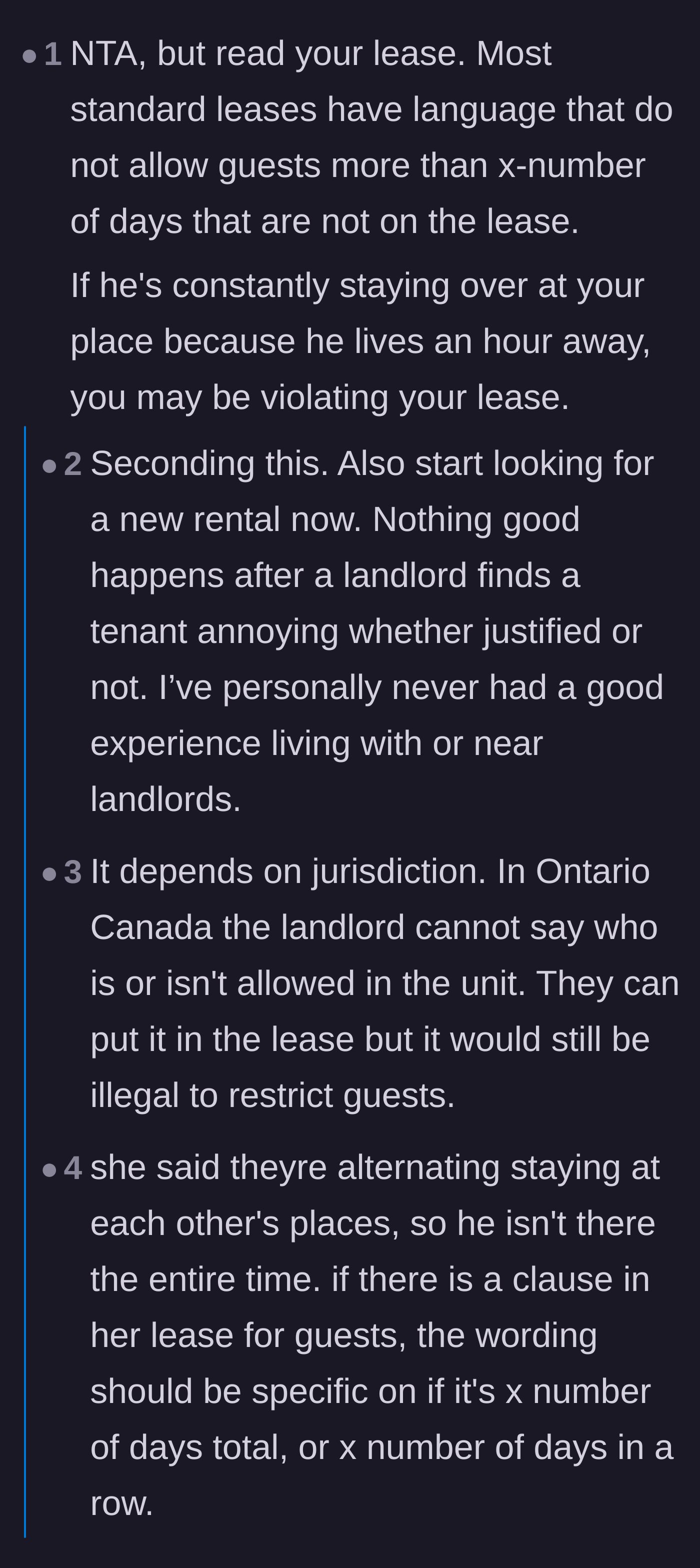 Comment thread 1 - A debate on standard lease agreements regarding overnight guests and local tenancy laws.