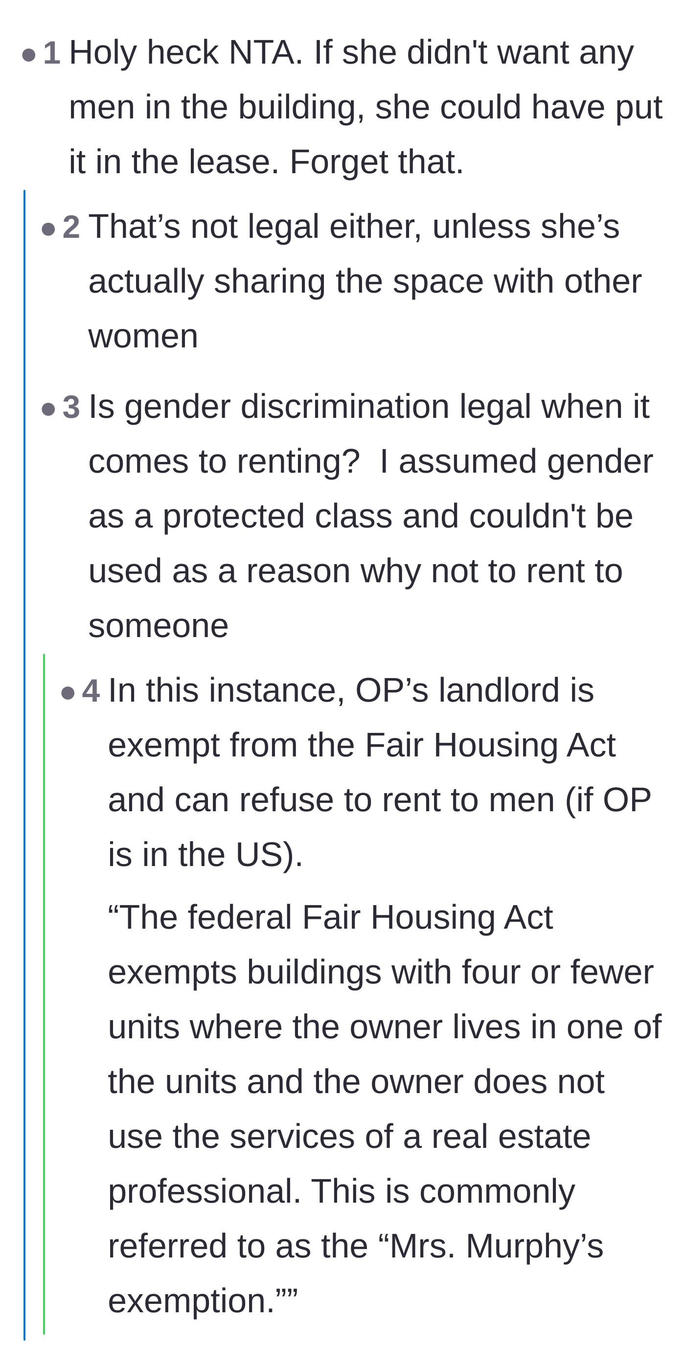 Comment thread 3 - A deep dive into the Fair Housing Act and whether landlords can legally discriminate based on gender.