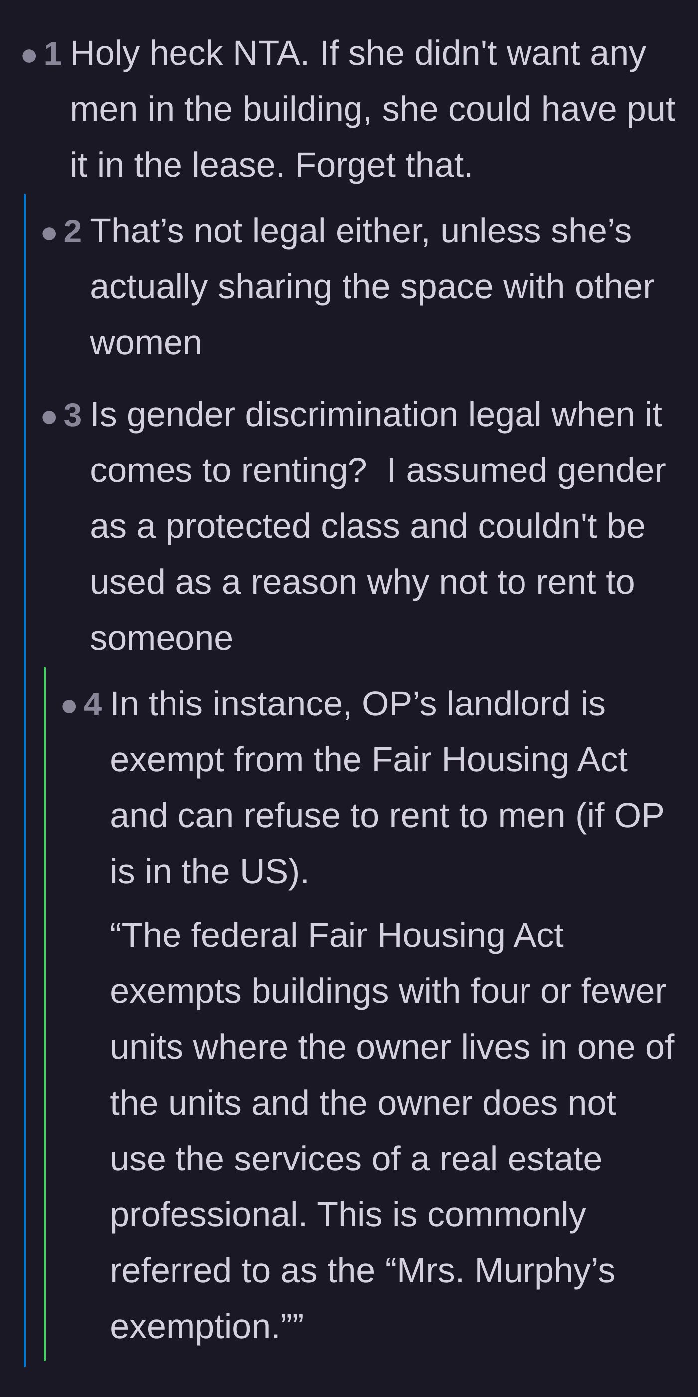 Comment thread 3 - A deep dive into the Fair Housing Act and whether landlords can legally discriminate based on gender.