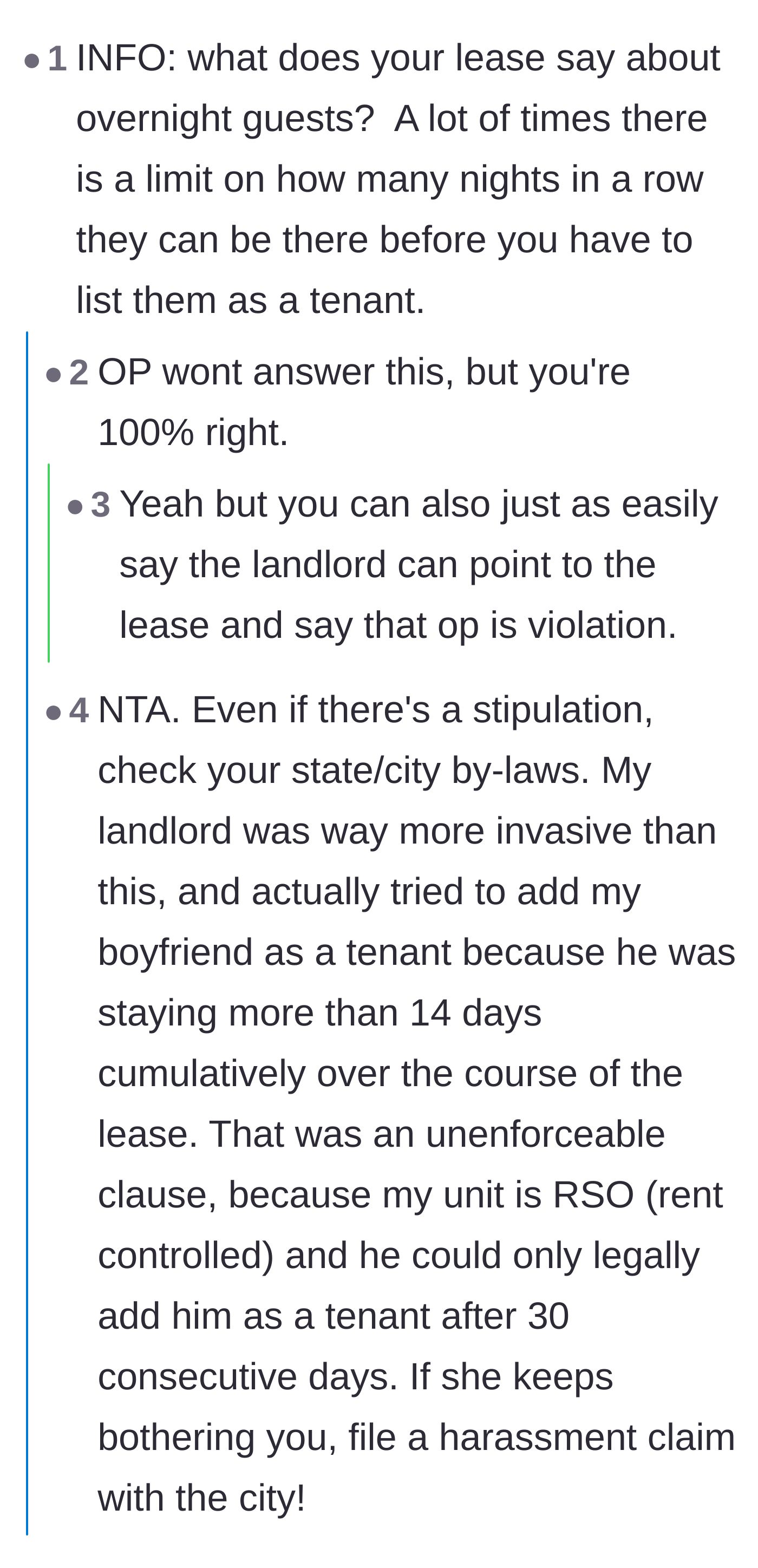 Comment thread 4 - A discussion on checking local bylaws for unenforceable lease clauses regarding guests.