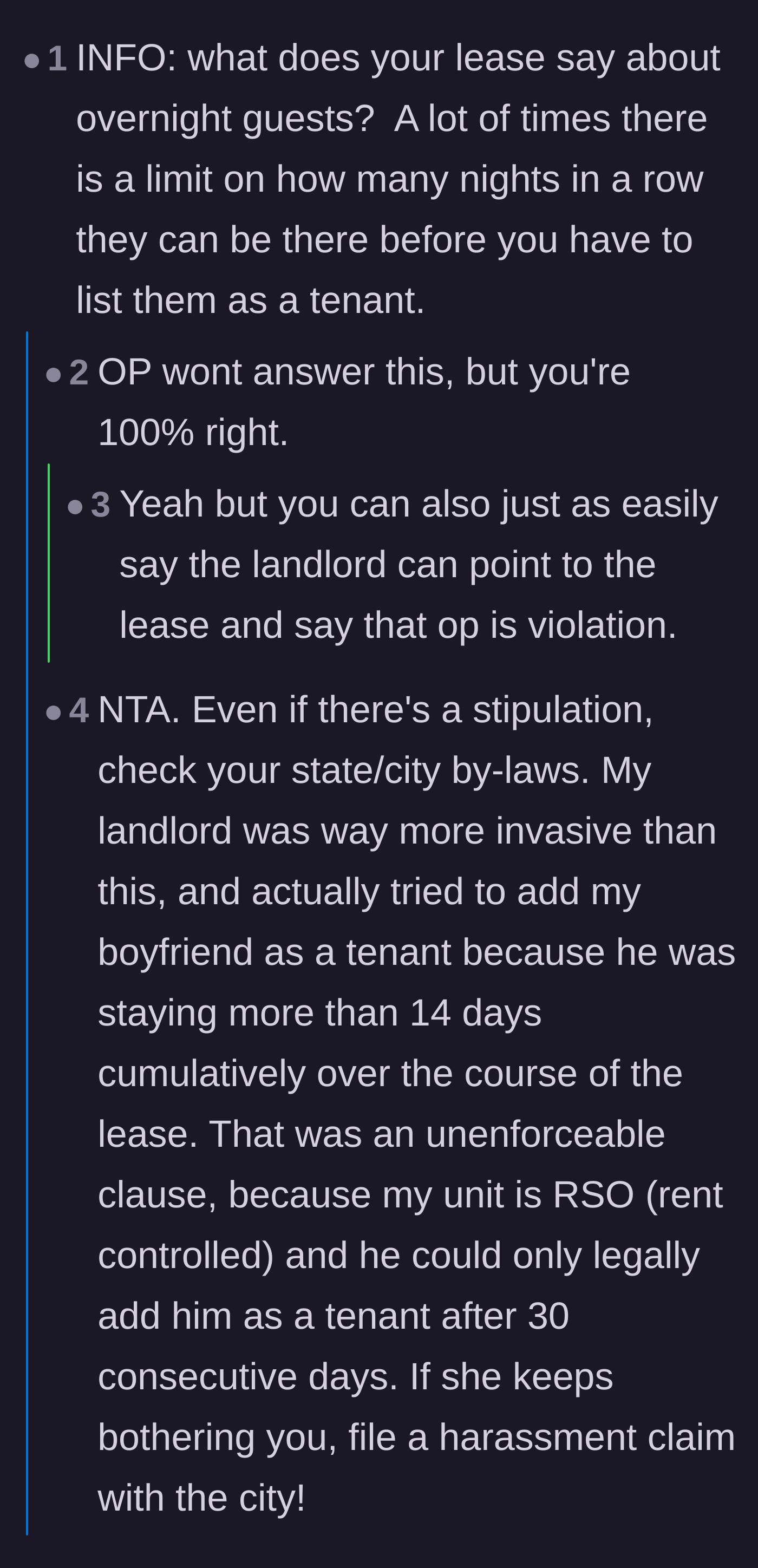 Comment thread 4 - A discussion on checking local bylaws for unenforceable lease clauses regarding guests.