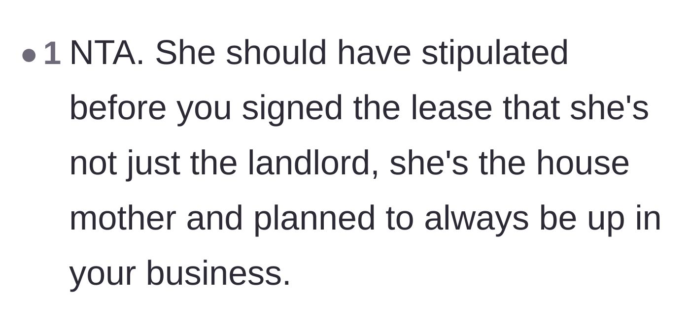 Comment thread 6 - A commenter joking that the landlord thinks she is a house mother rather than a property owner.