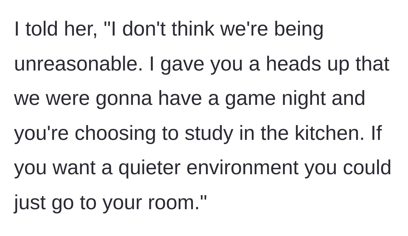 Story part 4 - The author defends the game night and suggests the roommate use her bedroom.