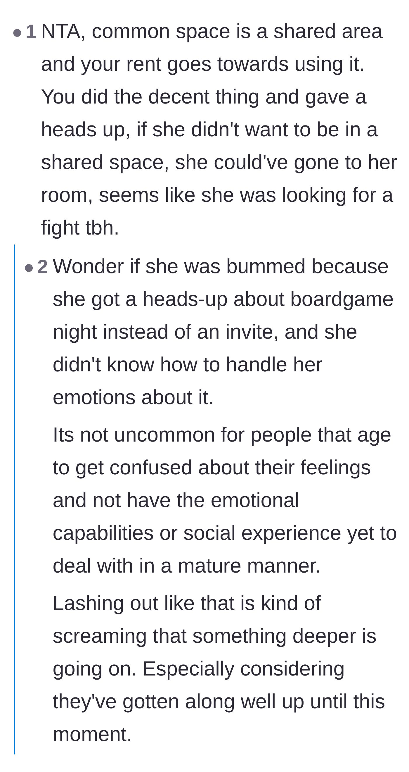 Comment thread 1 - Debating whether the roommate was acting childishly or just didn't know how to handle feeling excluded.