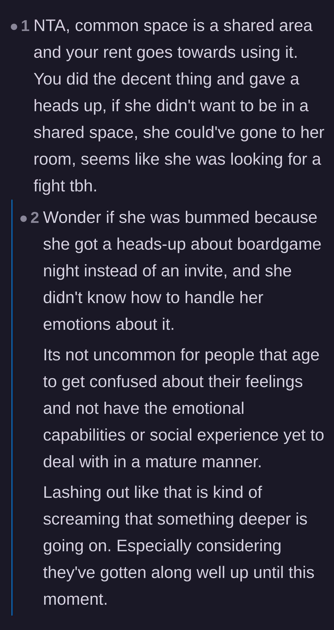 Comment thread 1 - Debating whether the roommate was acting childishly or just didn't know how to handle feeling excluded.
