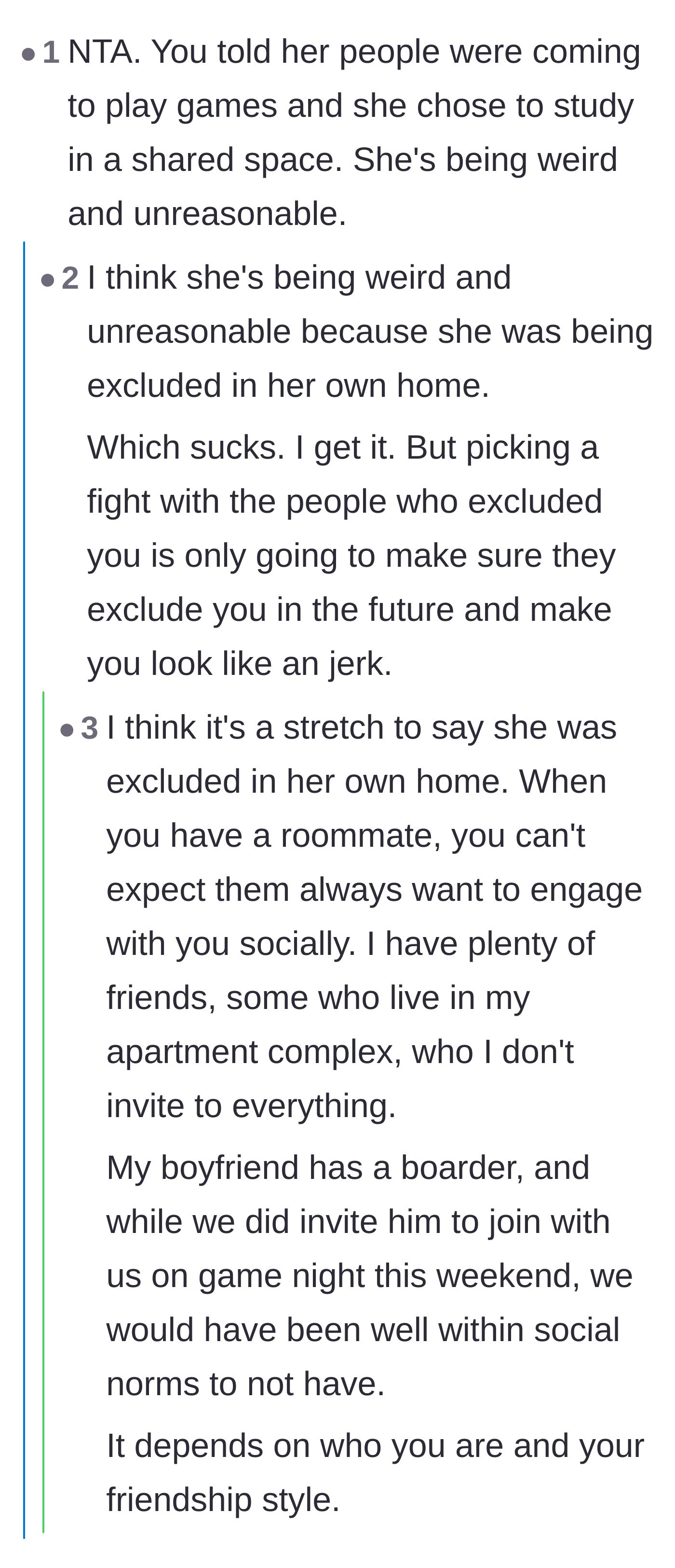 Comment thread 2 - Discussing the social dynamics of being excluded by a friend who is also a roommate.