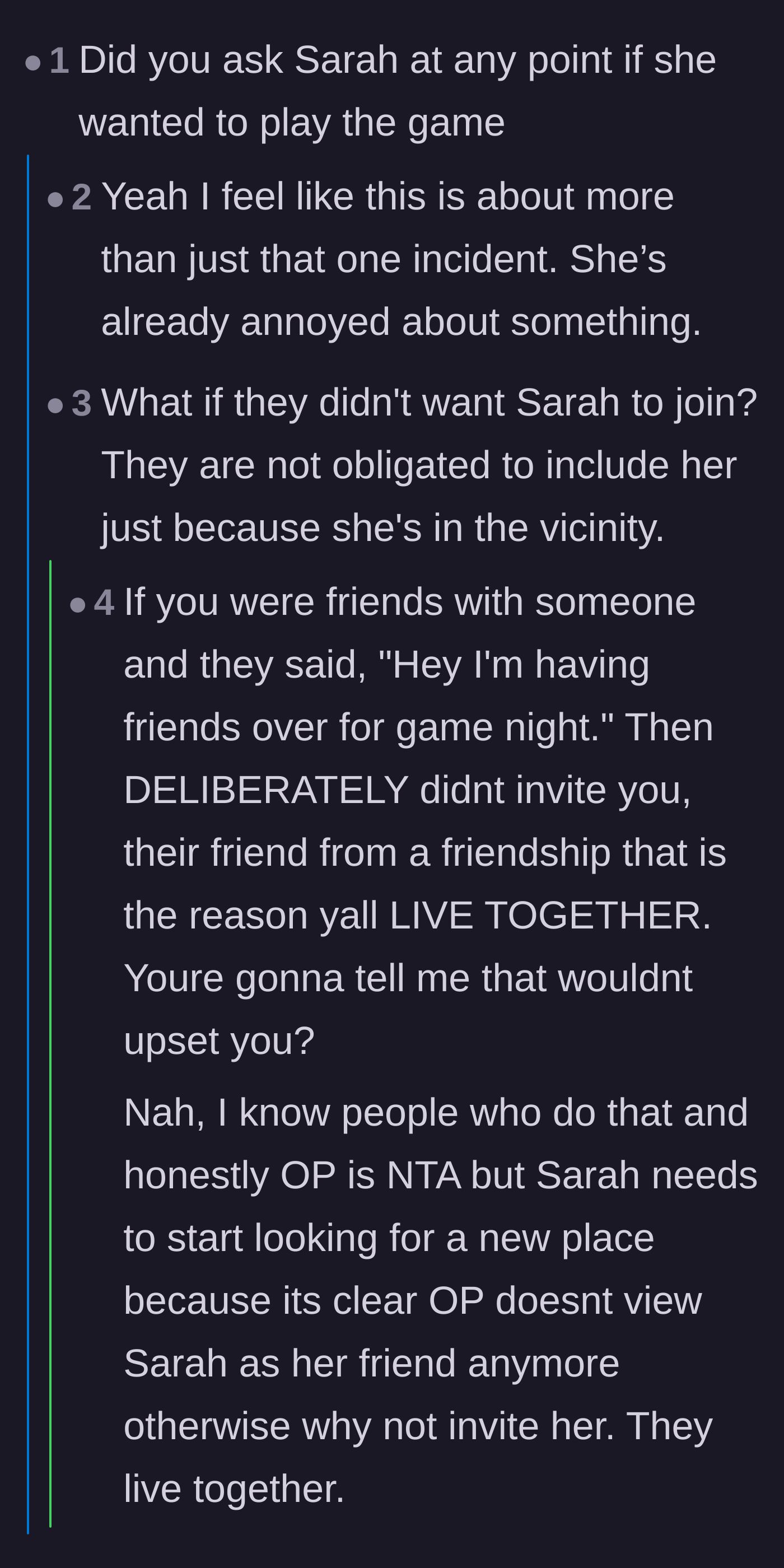 Comment thread 4 - Debating whether the author was socially obligated to invite the roommate to join the game.
