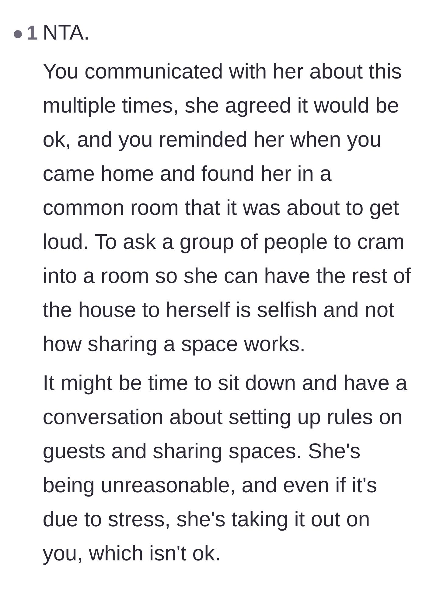 Comment thread 5 - Suggesting the roommates sit down and establish clear rules for guests and shared spaces.