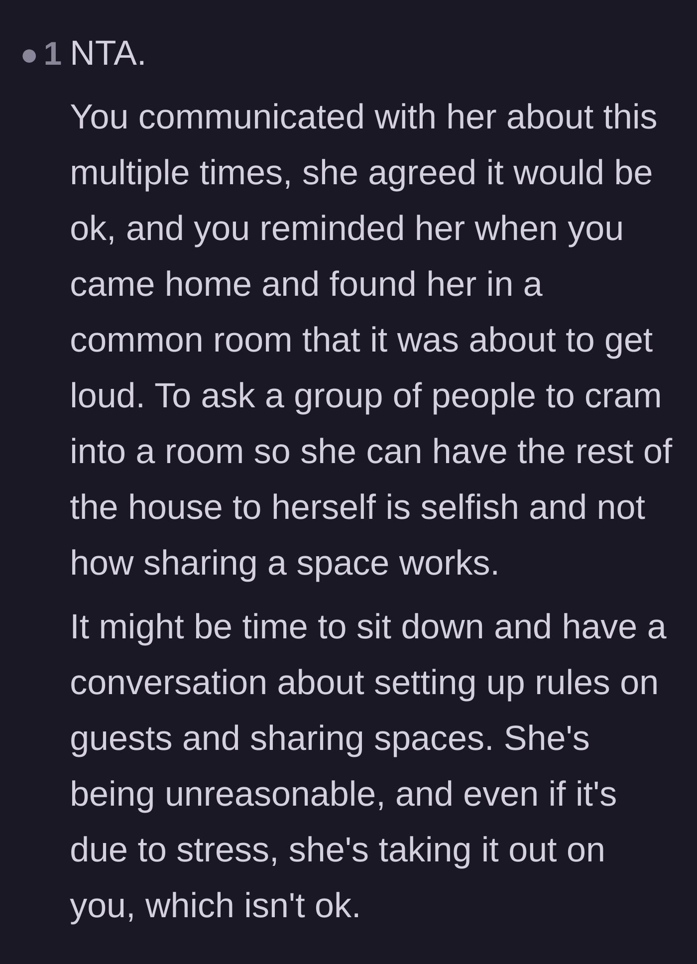Comment thread 5 - Suggesting the roommates sit down and establish clear rules for guests and shared spaces.