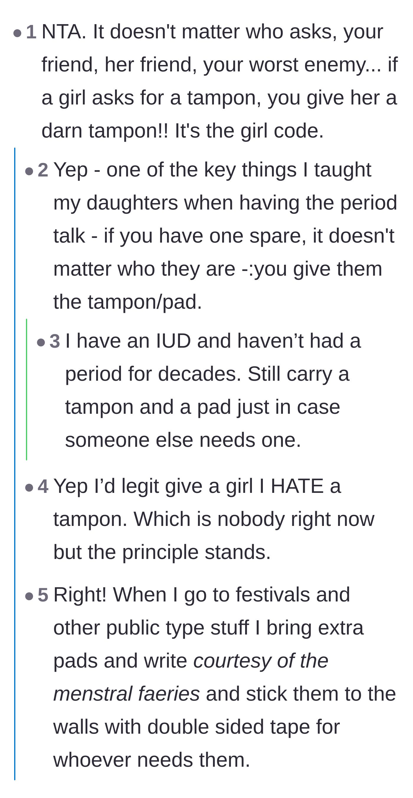 Comment thread 1 - Readers discussing the unspoken rule of giving period products to anyone in need, even enemies.