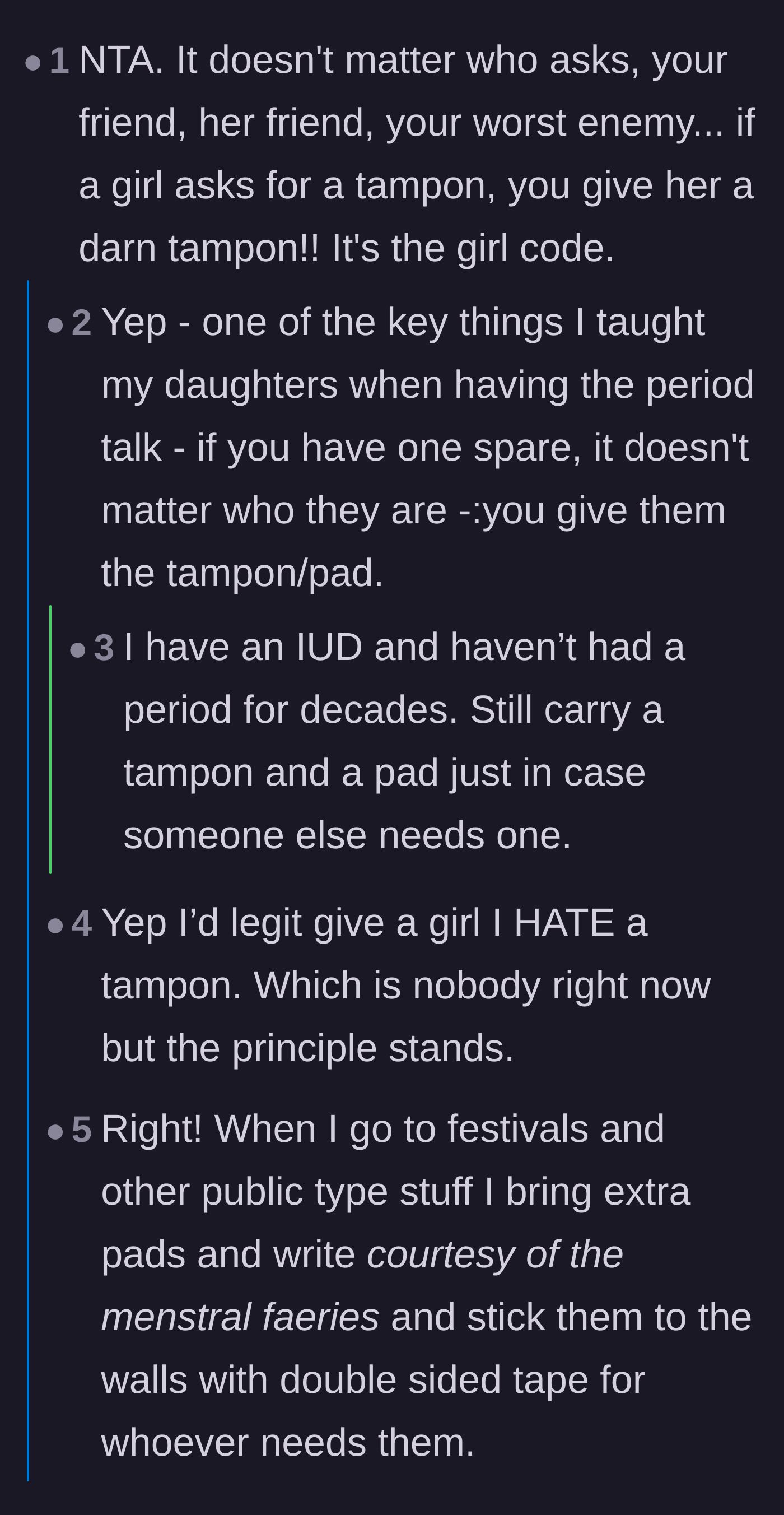 Comment thread 1 - Readers discussing the unspoken rule of giving period products to anyone in need, even enemies.