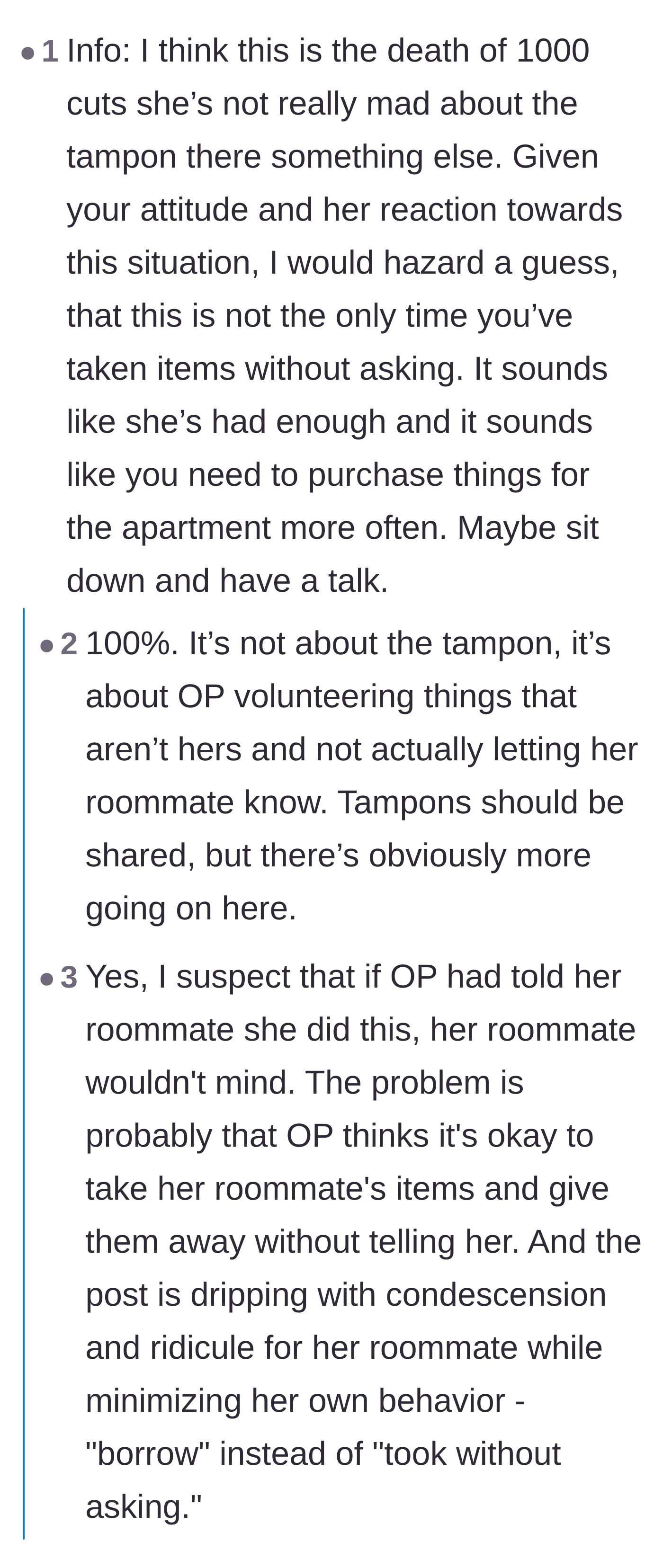 Comment thread 5 - A critical take suggesting the narrator might have a history of taking things without asking, leading to the roommate's snapping point.