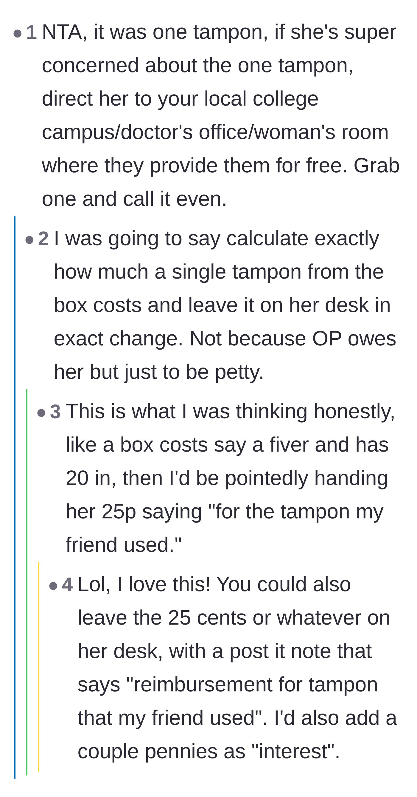 Comment thread 6 - Commenters suggesting the narrator calculate the exact cost of one tampon down to the penny and leave it on the roommate's desk.