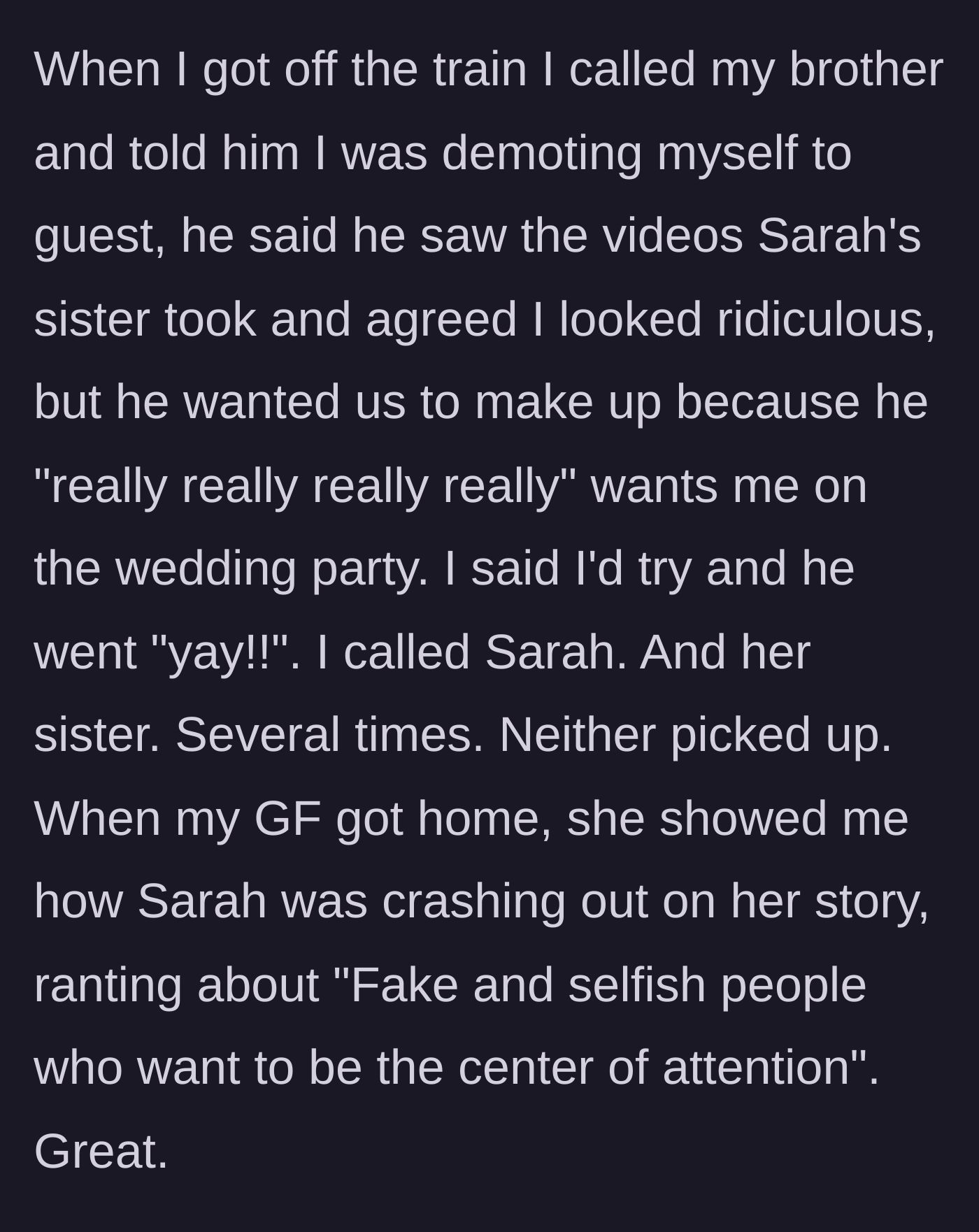 Story part 6 - The author calls her brother, learns Sarah's sister secretly filmed her in the dress, and discovers Sarah ranting about her on social media.