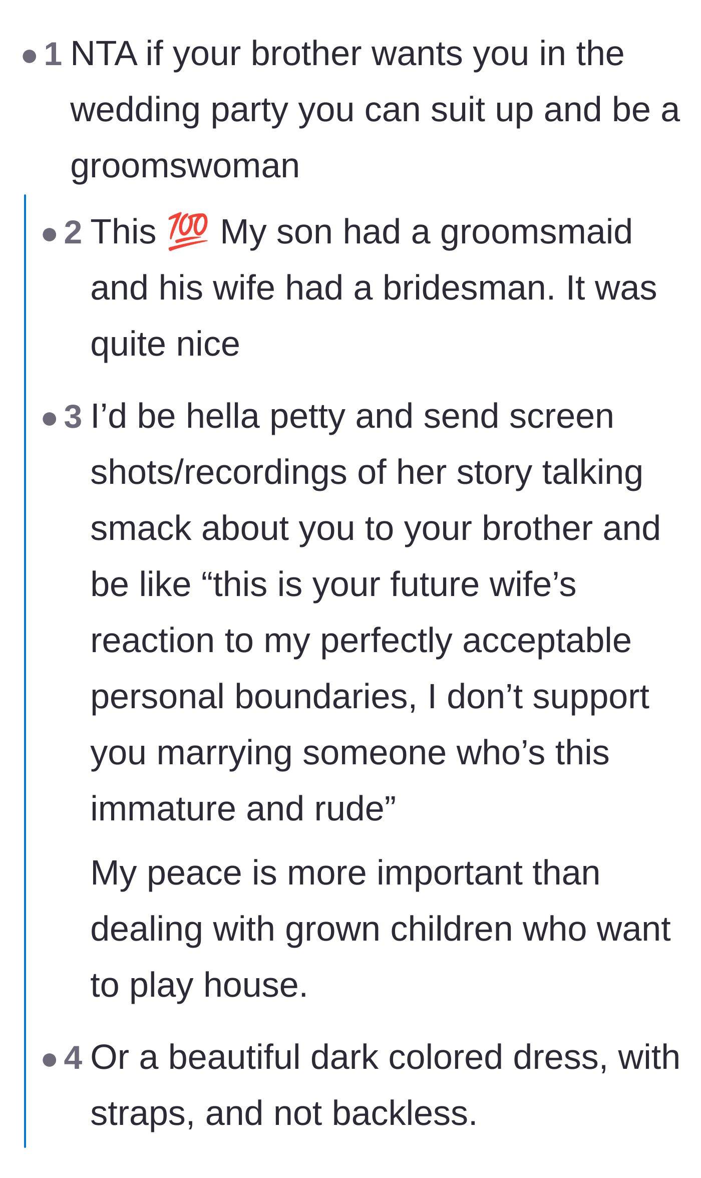 Comment thread 1 - Suggesting the sister become a groomswoman and exposing the bride's meltdown