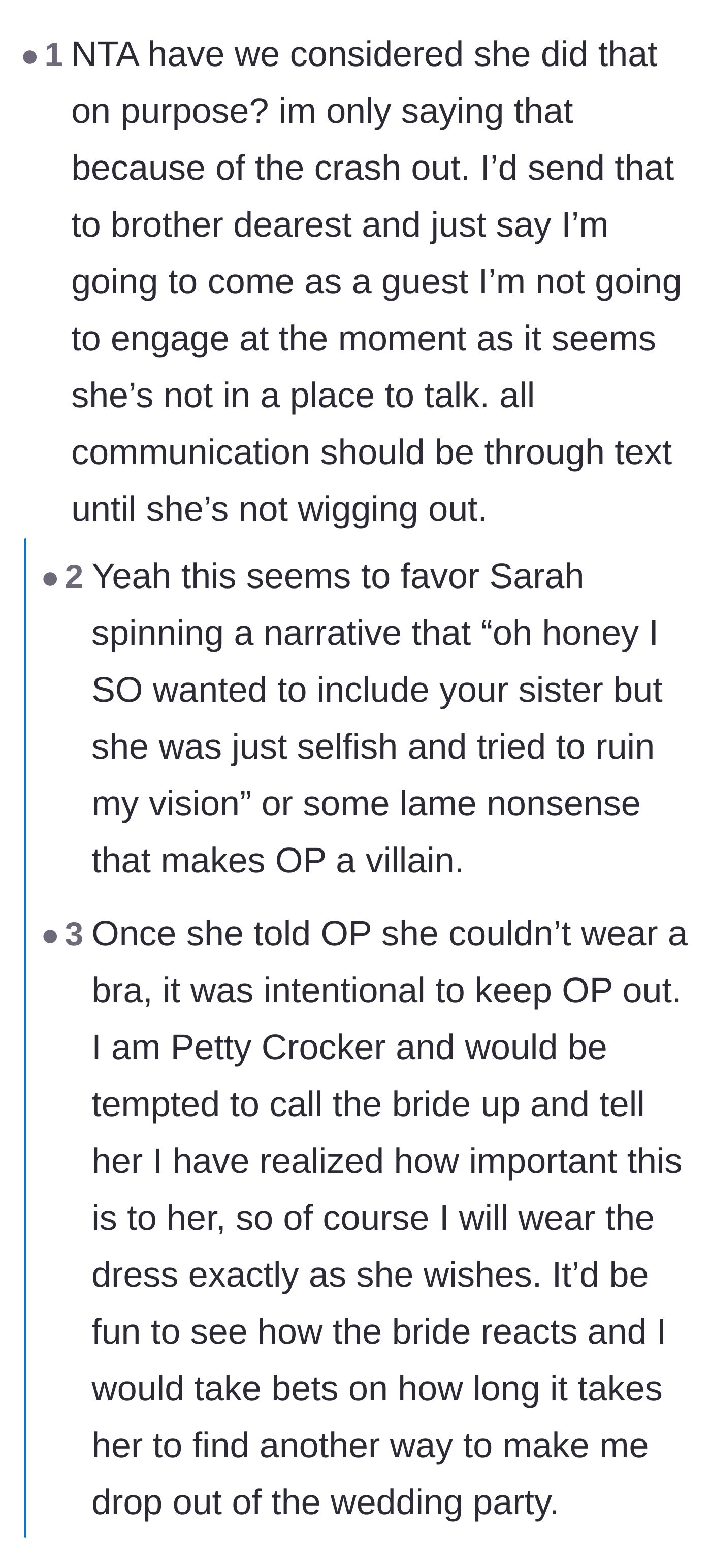 Comment thread 2 - Theories that the bride intentionally sabotaged the dress choice and jokes about malicious compliance