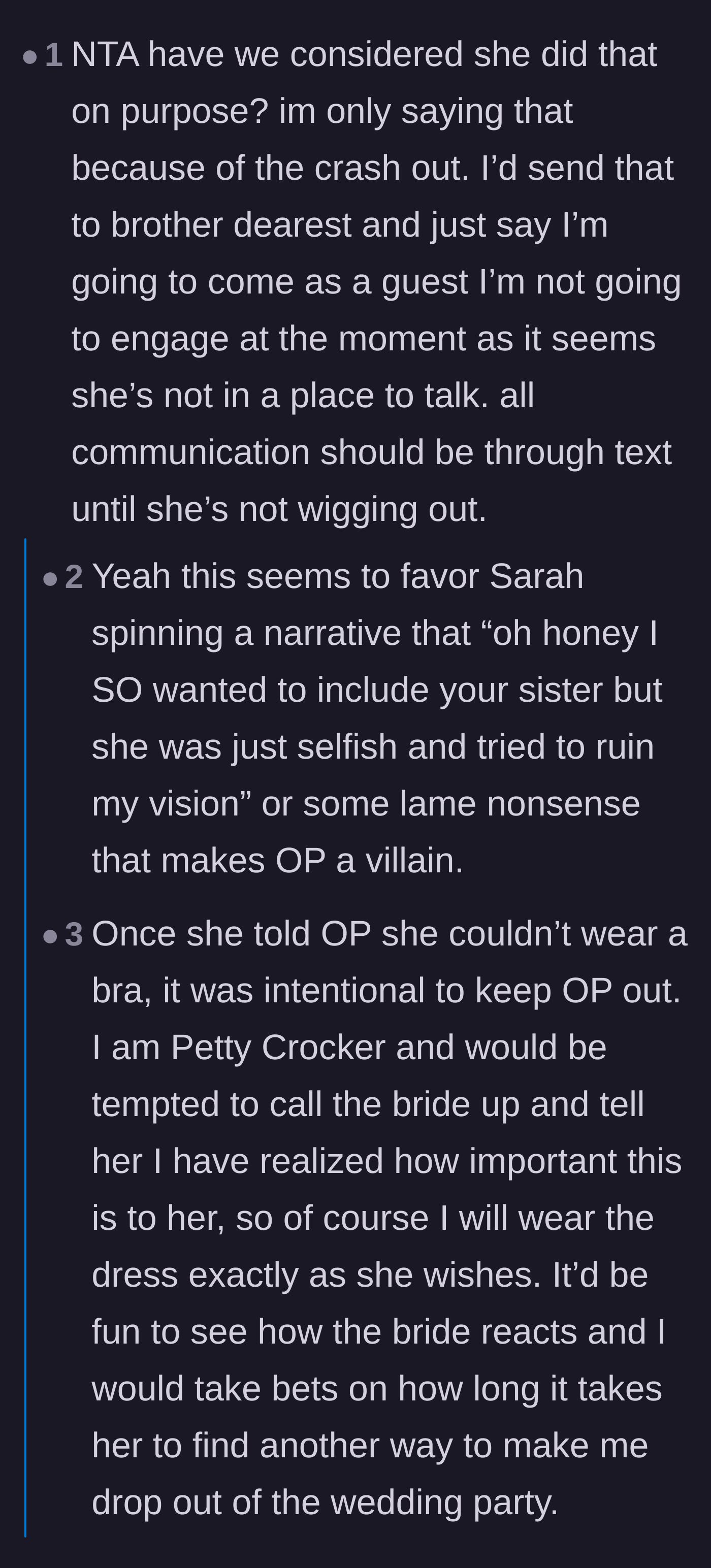 Comment thread 2 - Theories that the bride intentionally sabotaged the dress choice and jokes about malicious compliance