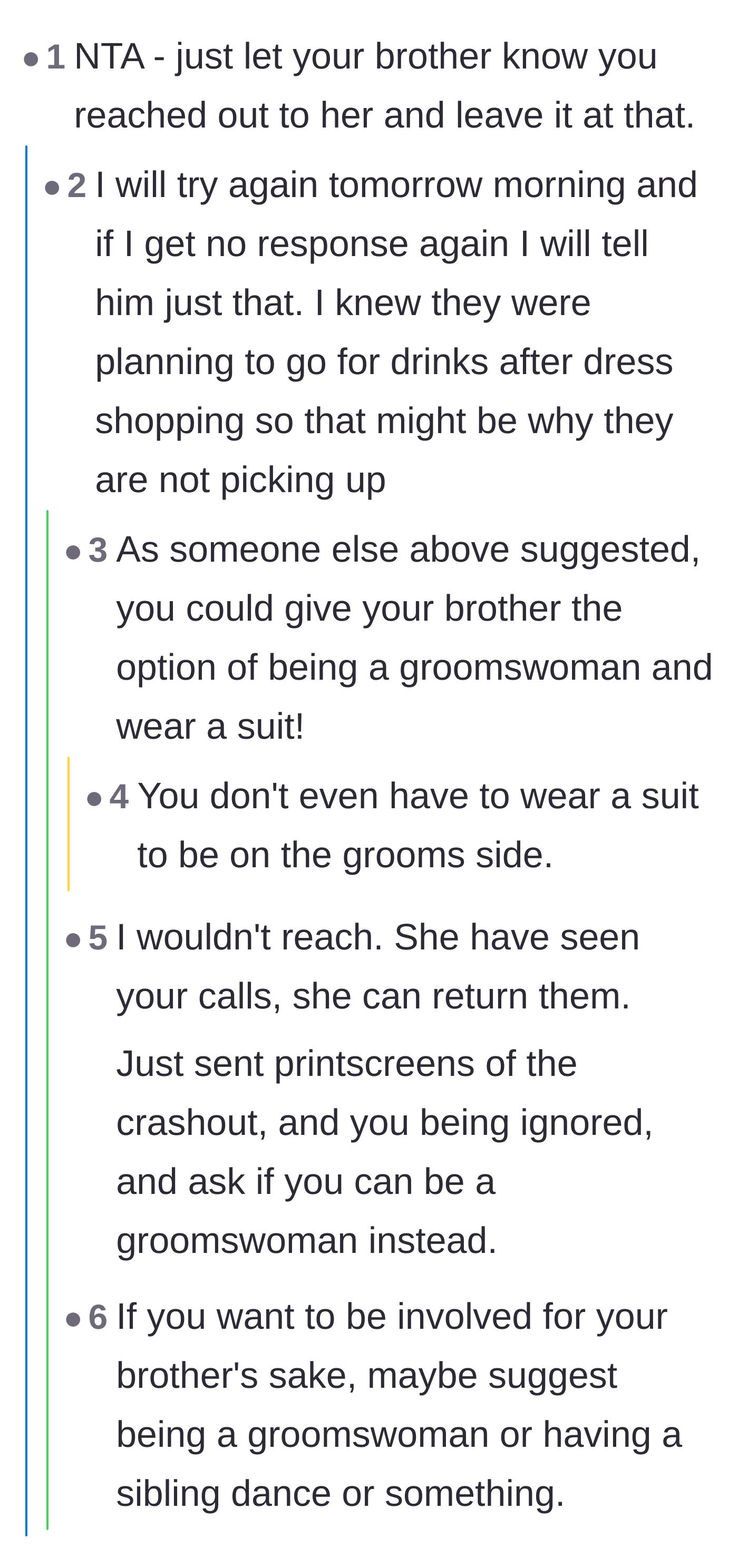 Comment thread 3 - Advice on communicating with the groom and the reveal that the bridal party is wearing white