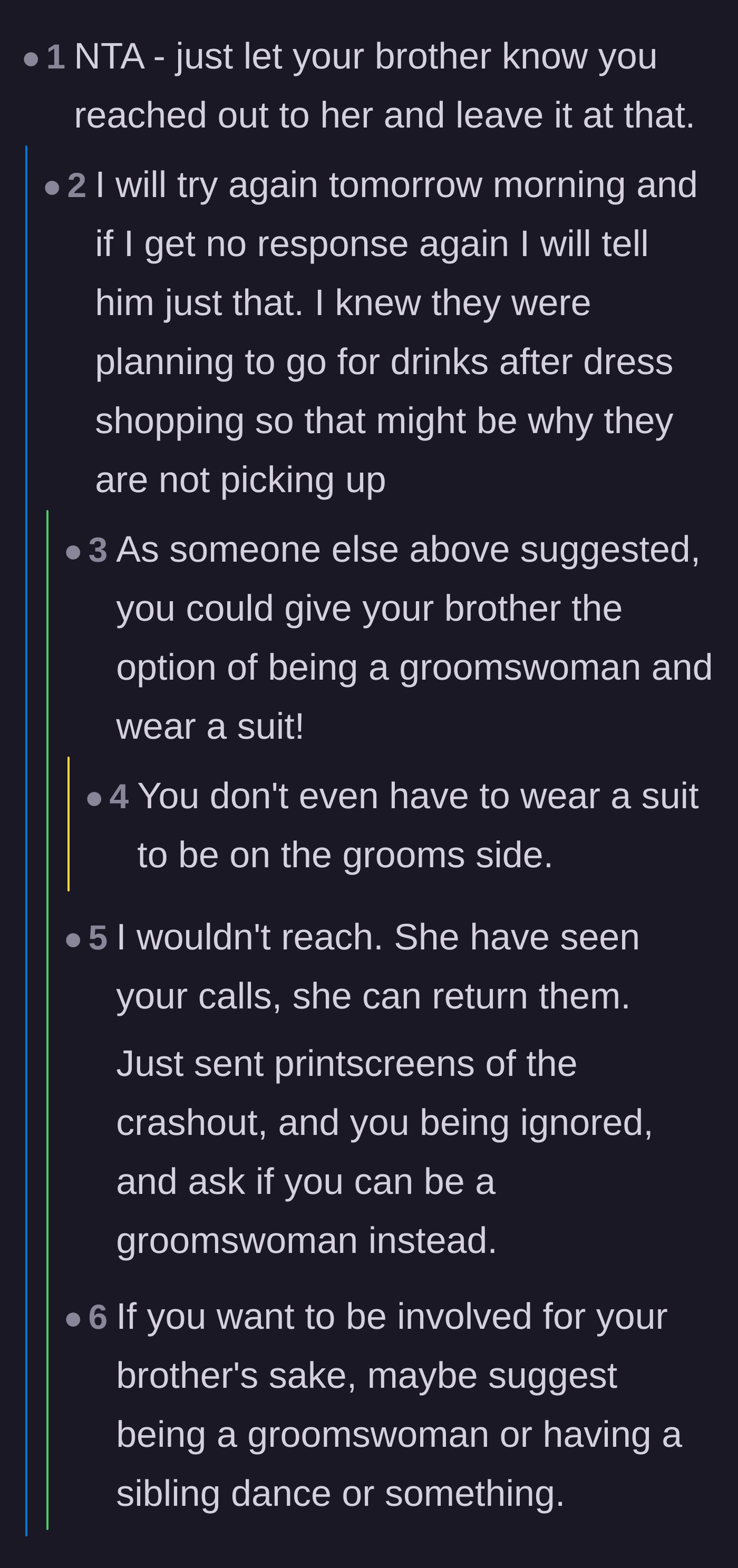 Comment thread 3 - Advice on communicating with the groom and the reveal that the bridal party is wearing white