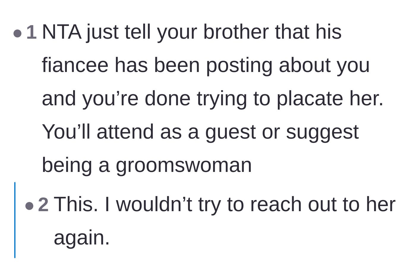 Comment thread 5 - Urging the sister to stop chasing the bride and set firm boundaries