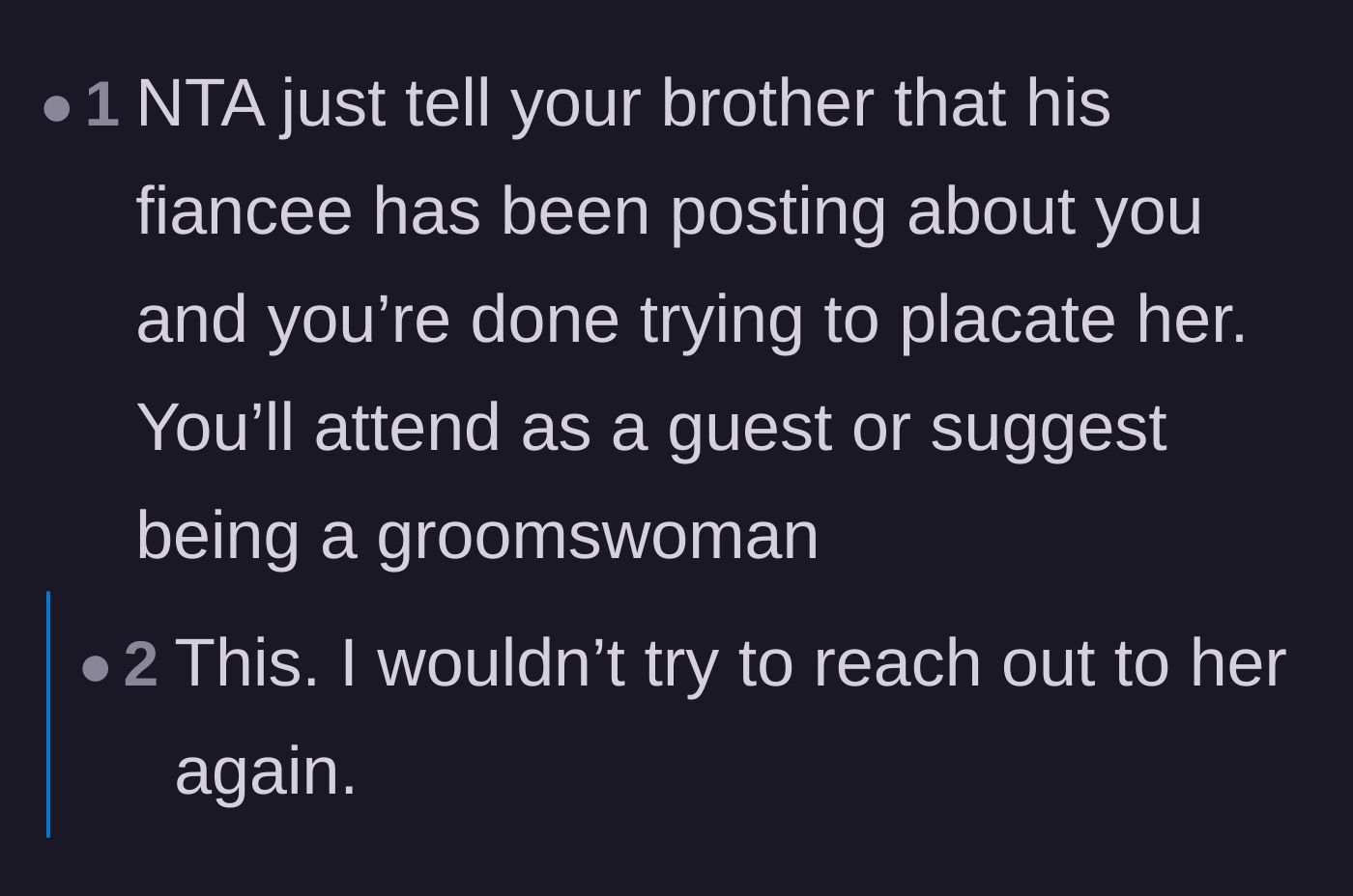 Comment thread 5 - Urging the sister to stop chasing the bride and set firm boundaries