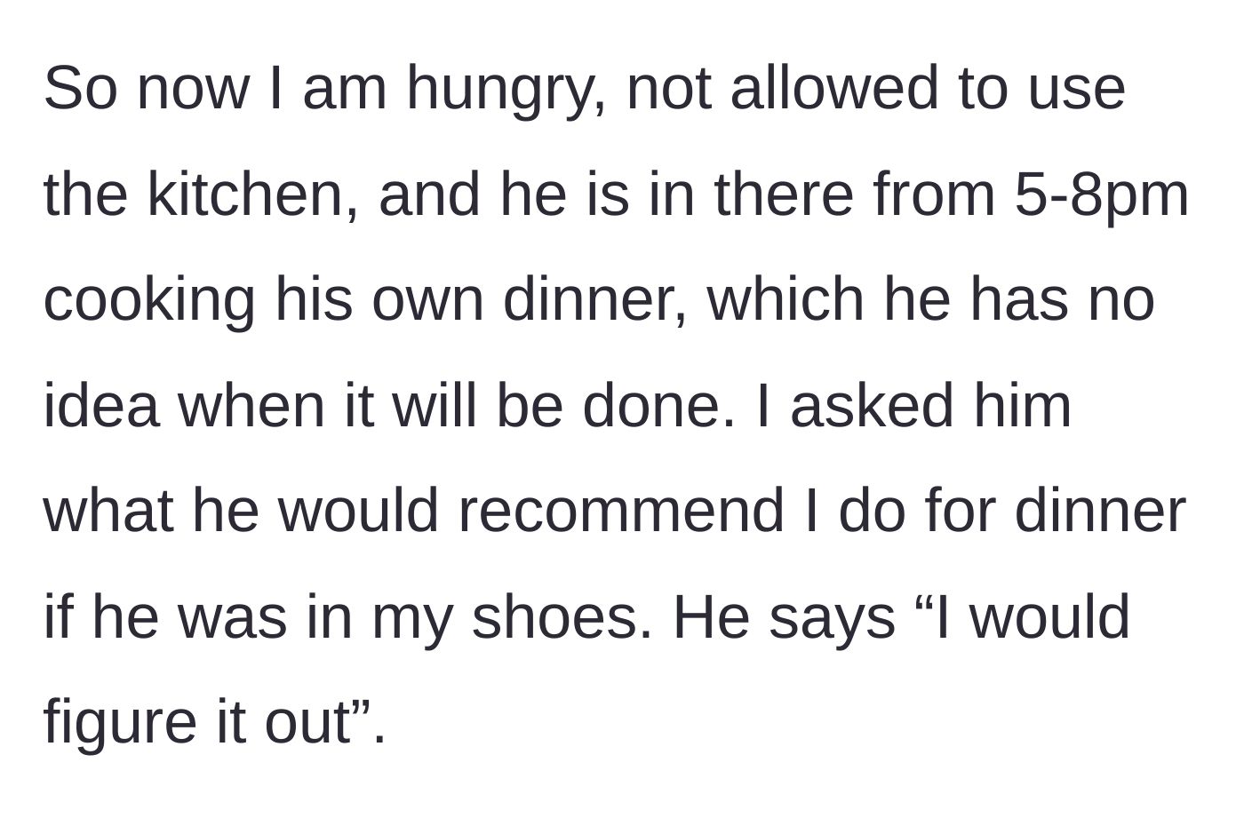 Story part 3 - A hungry, frustrated woman standing outside her own kitchen looking at a clock hitting 8 PM.