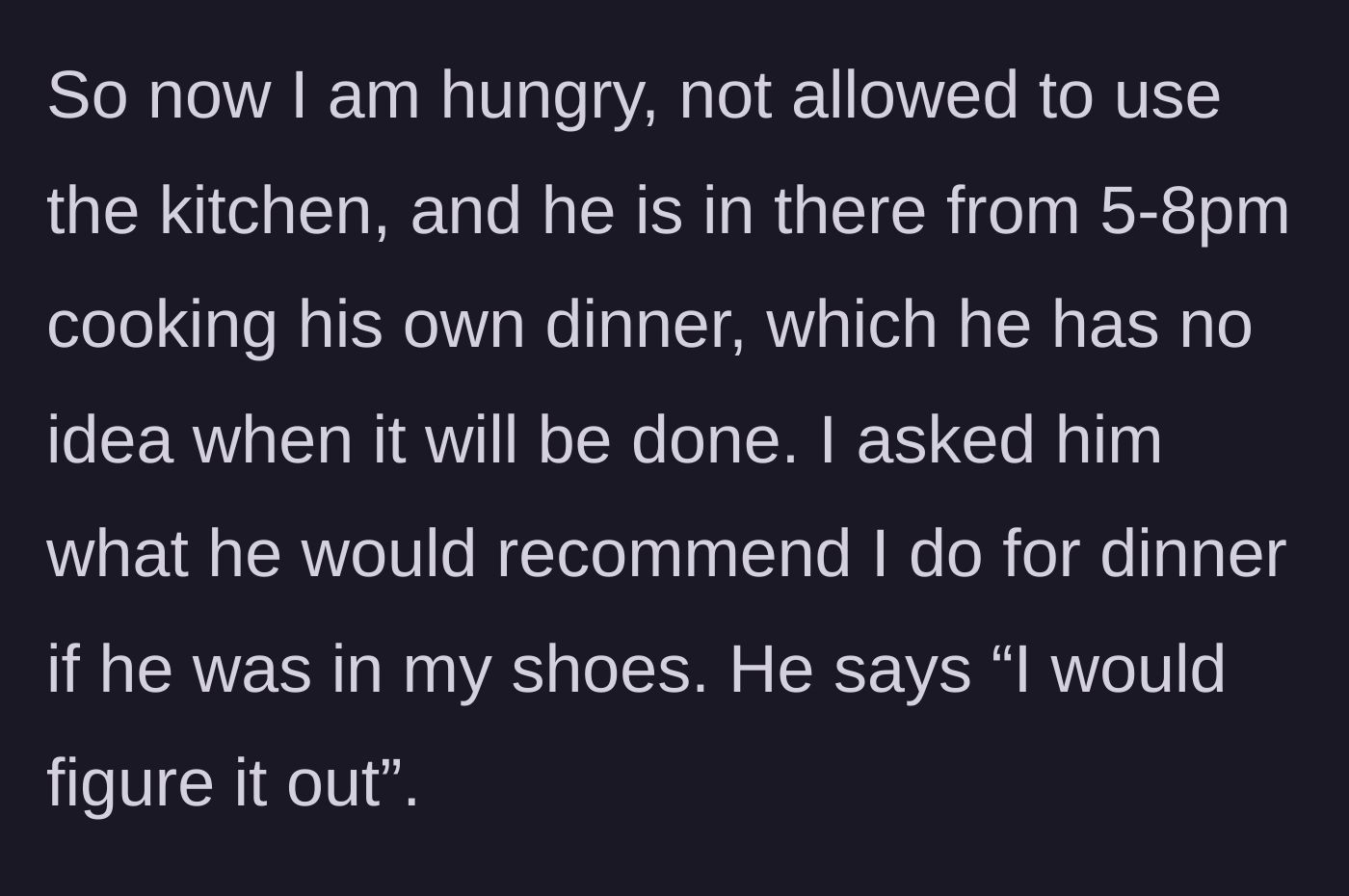 Story part 3 - A hungry, frustrated woman standing outside her own kitchen looking at a clock hitting 8 PM.