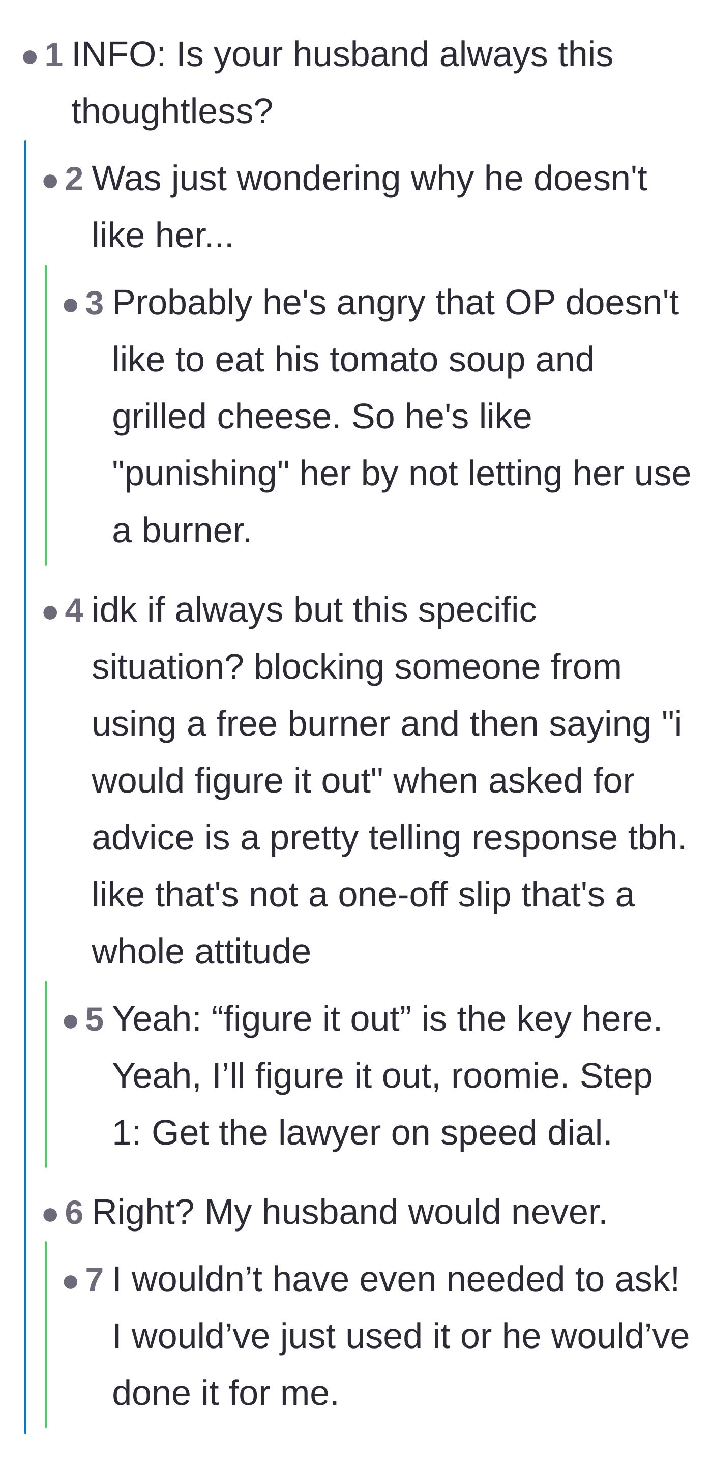 Comment thread 1 - Readers pointing out that a normal, supportive husband would have just boiled the potatoes for her without a second thought.
