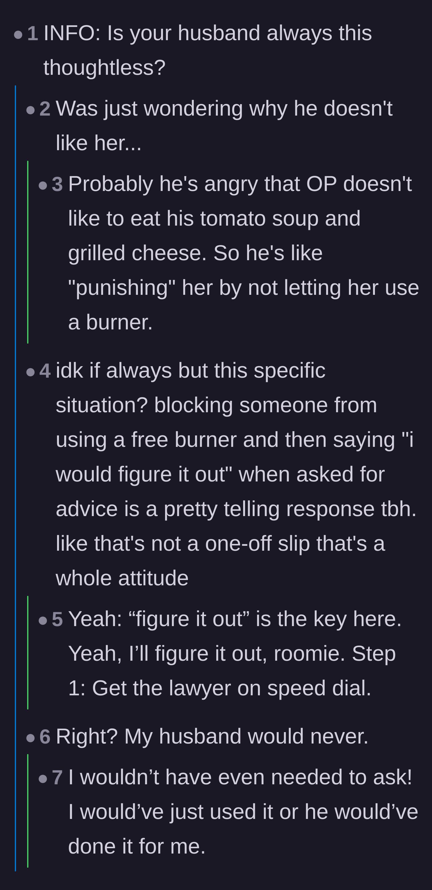Comment thread 1 - Readers pointing out that a normal, supportive husband would have just boiled the potatoes for her without a second thought.