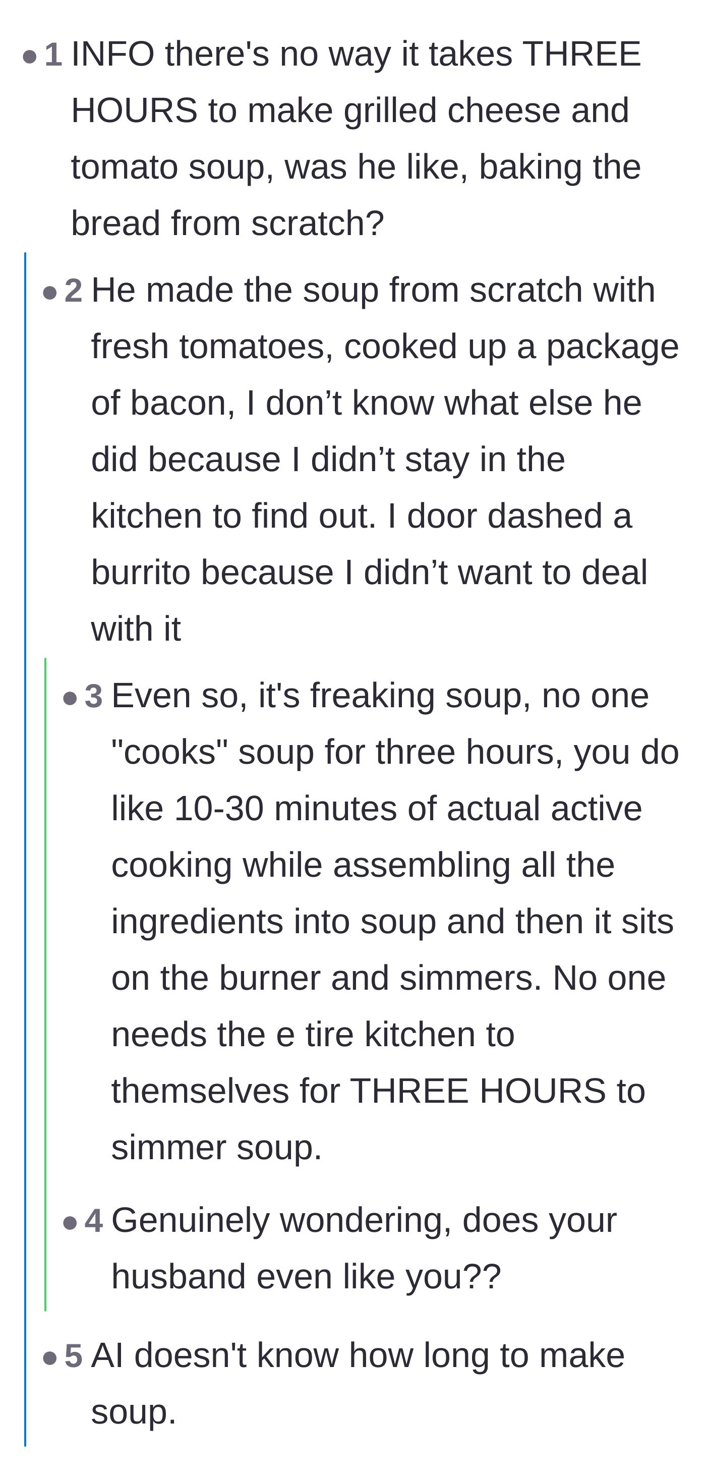 Comment thread 2 - A debate breaking down the actual, realistic cooking time for homemade tomato soup and a grilled cheese.