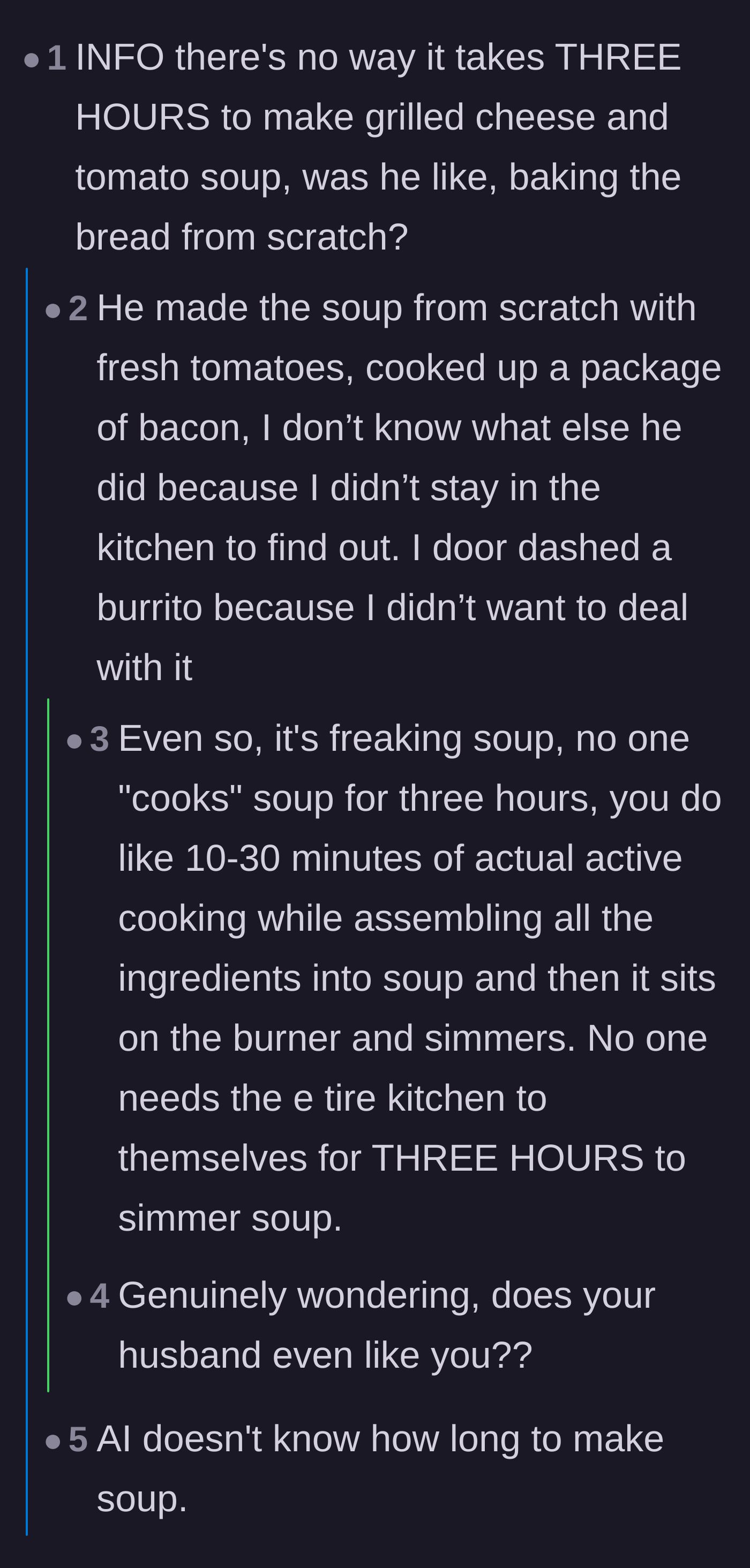 Comment thread 2 - A debate breaking down the actual, realistic cooking time for homemade tomato soup and a grilled cheese.
