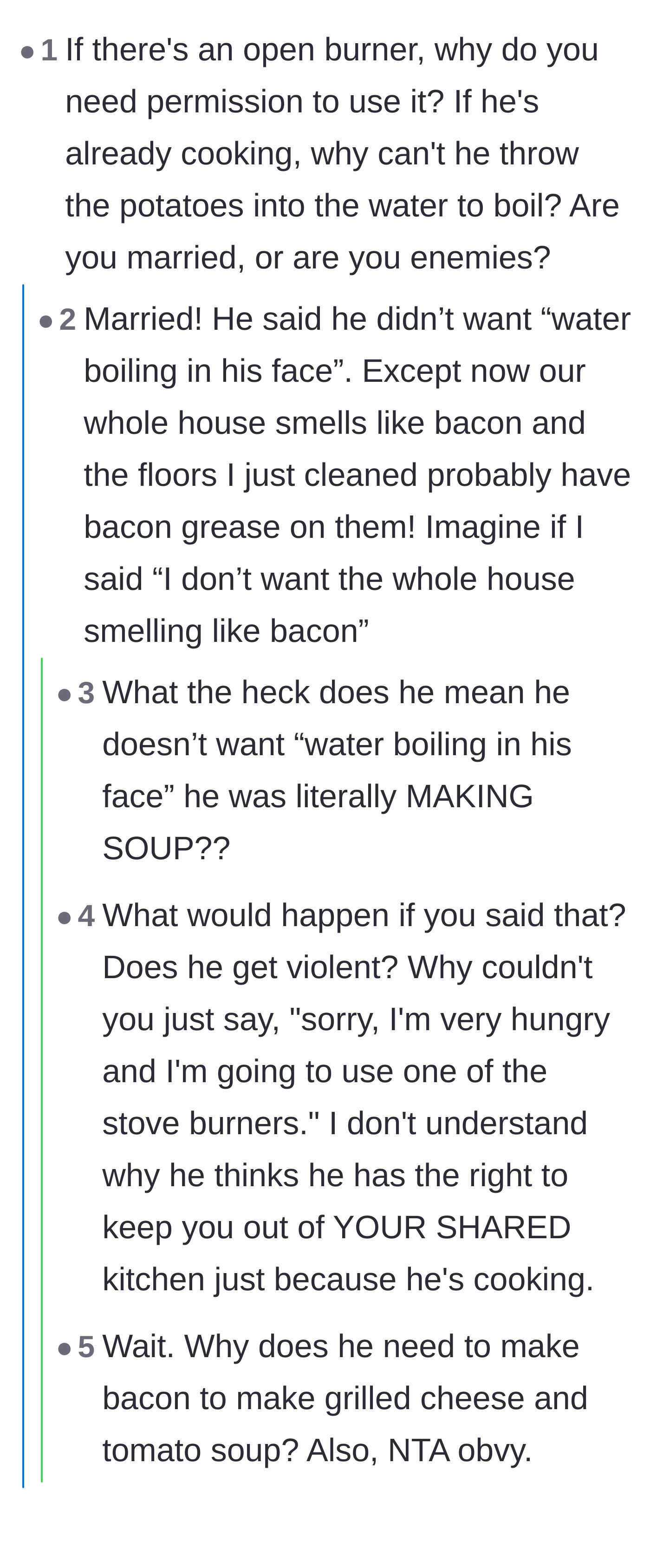 Comment thread 3 - Commenters mocking the husband's hypocritical excuse about not wanting water boiling in his face.