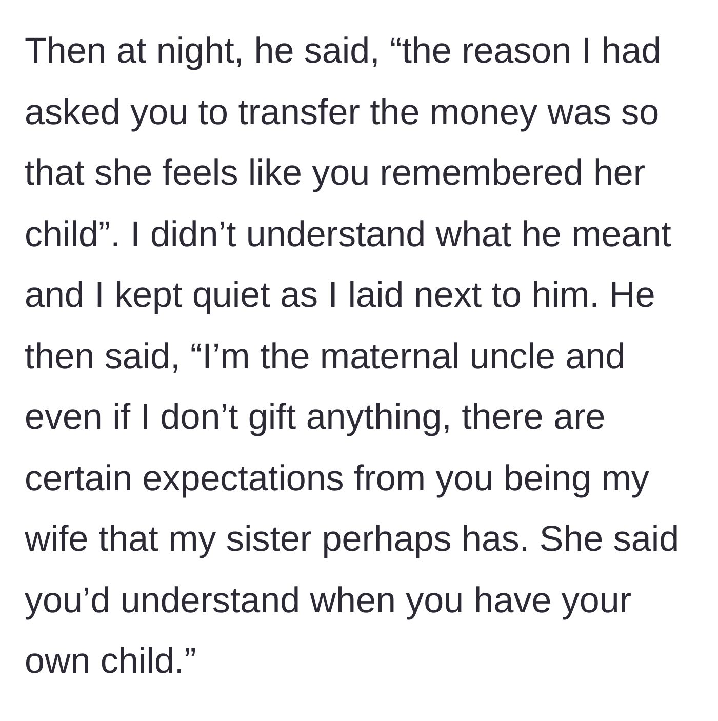 Story part 5 - The husband confesses his sister made a snarky comment about the wife not sending a gift.