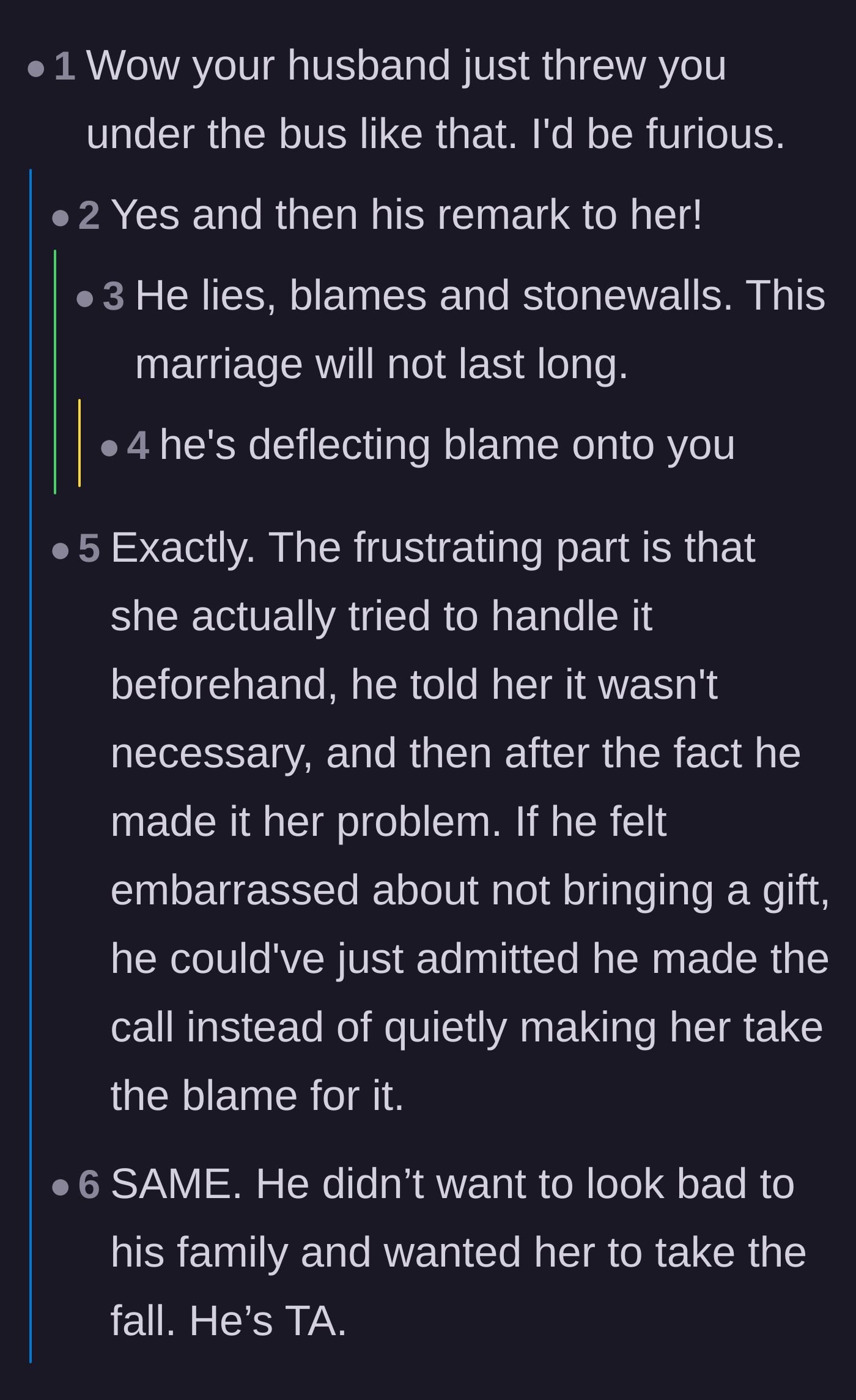 Comment thread 2 - Readers expressing outrage over the husband's decision to shift the blame and his defensive reaction when confronted.