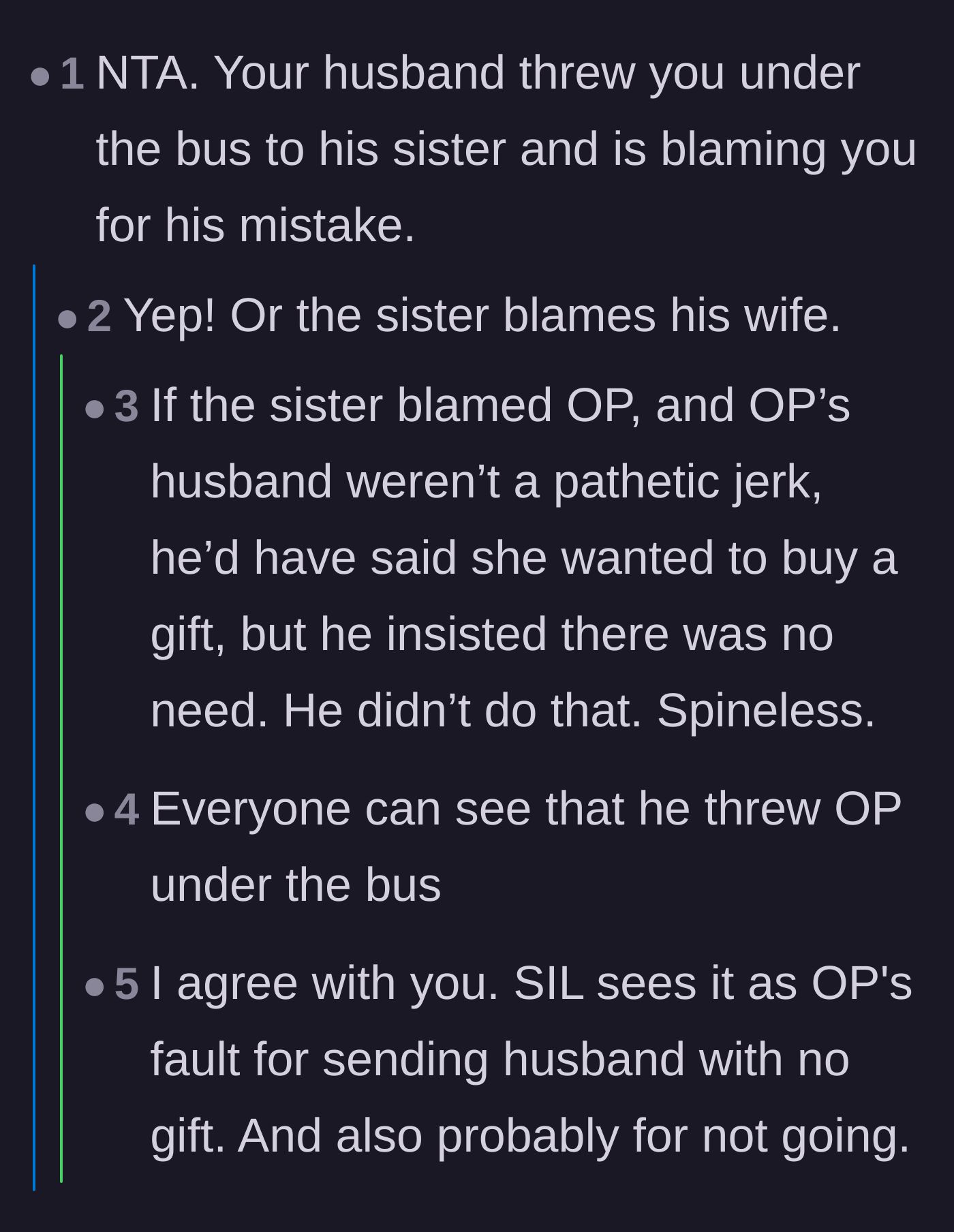Comment thread 4 - A conversation about the sister-in-law blaming the wife and the husband's spineless failure to defend her.