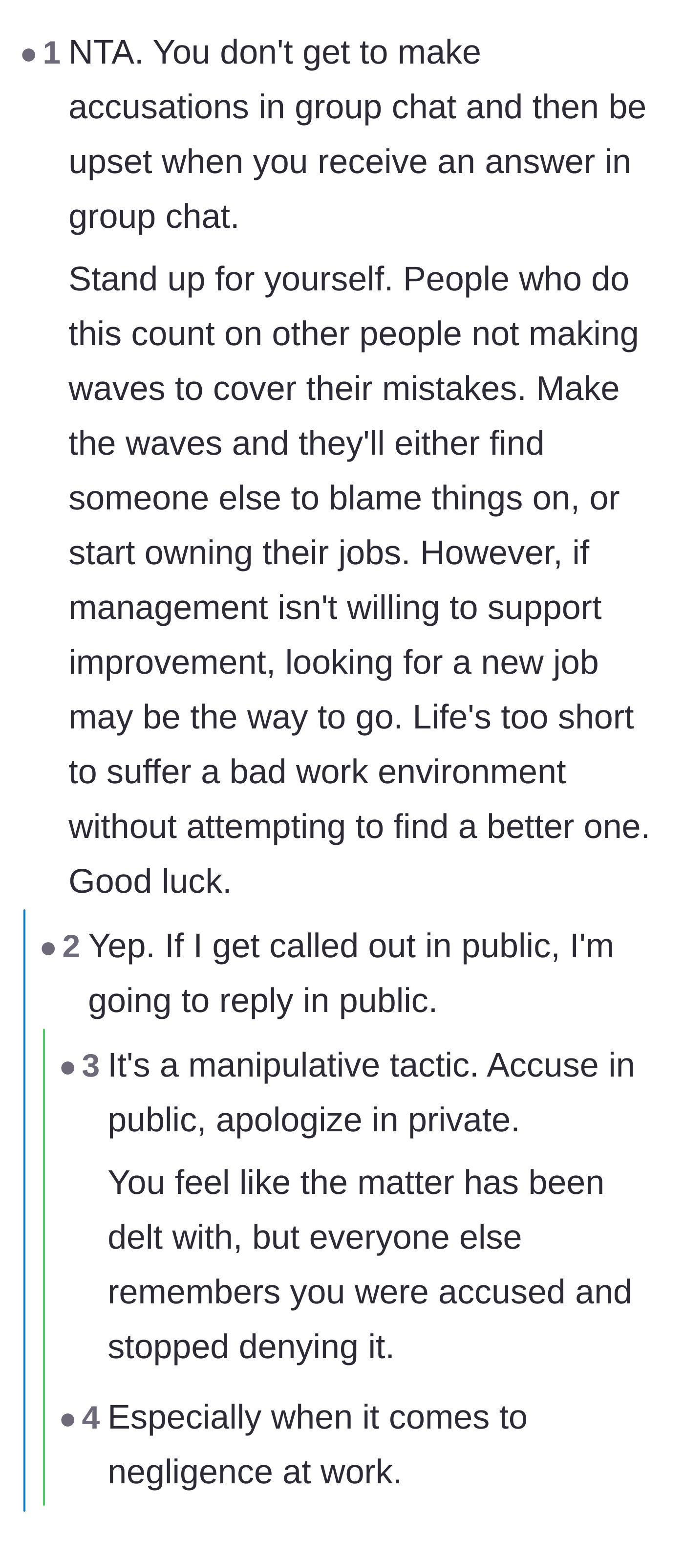 Comment thread 1 - Discussion on why public accusations require public responses and how private apologies are a manipulative tactic