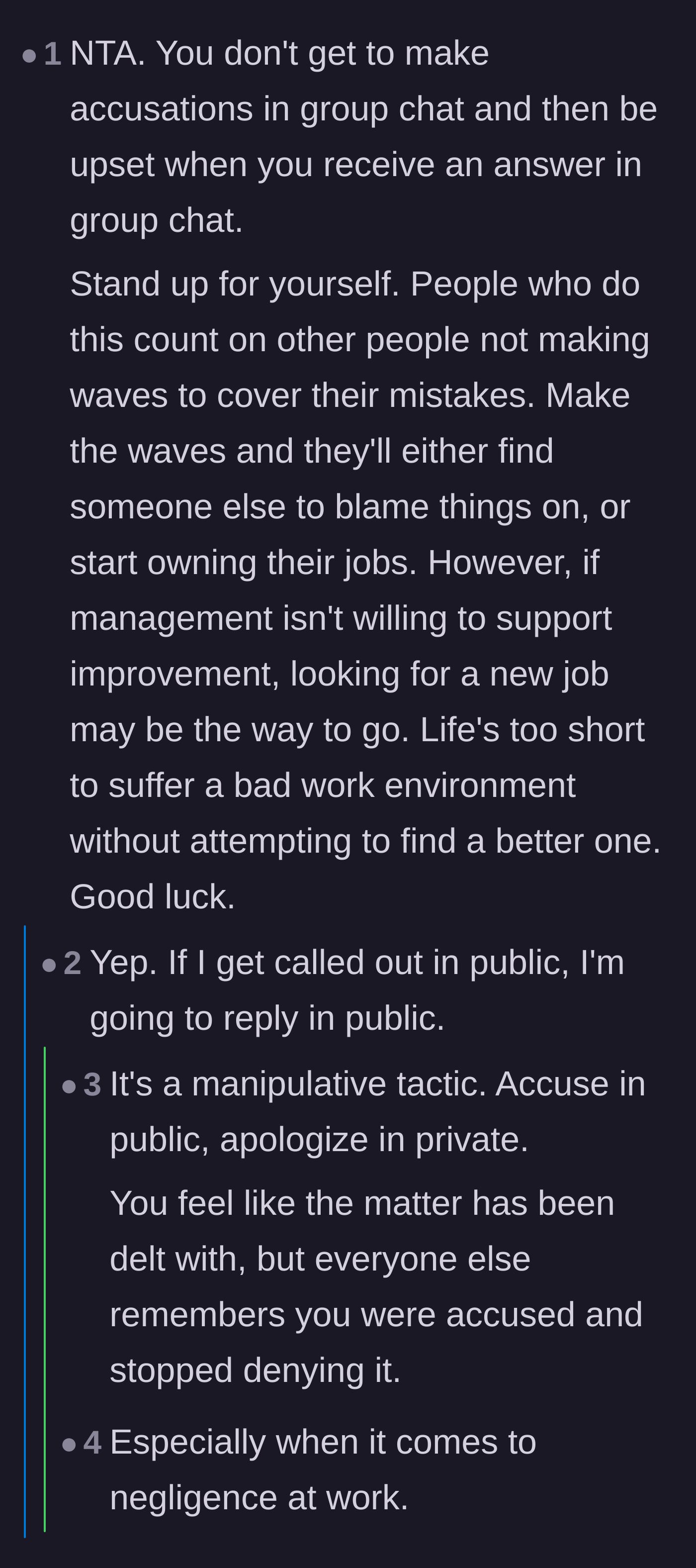 Comment thread 1 - Discussion on why public accusations require public responses and how private apologies are a manipulative tactic