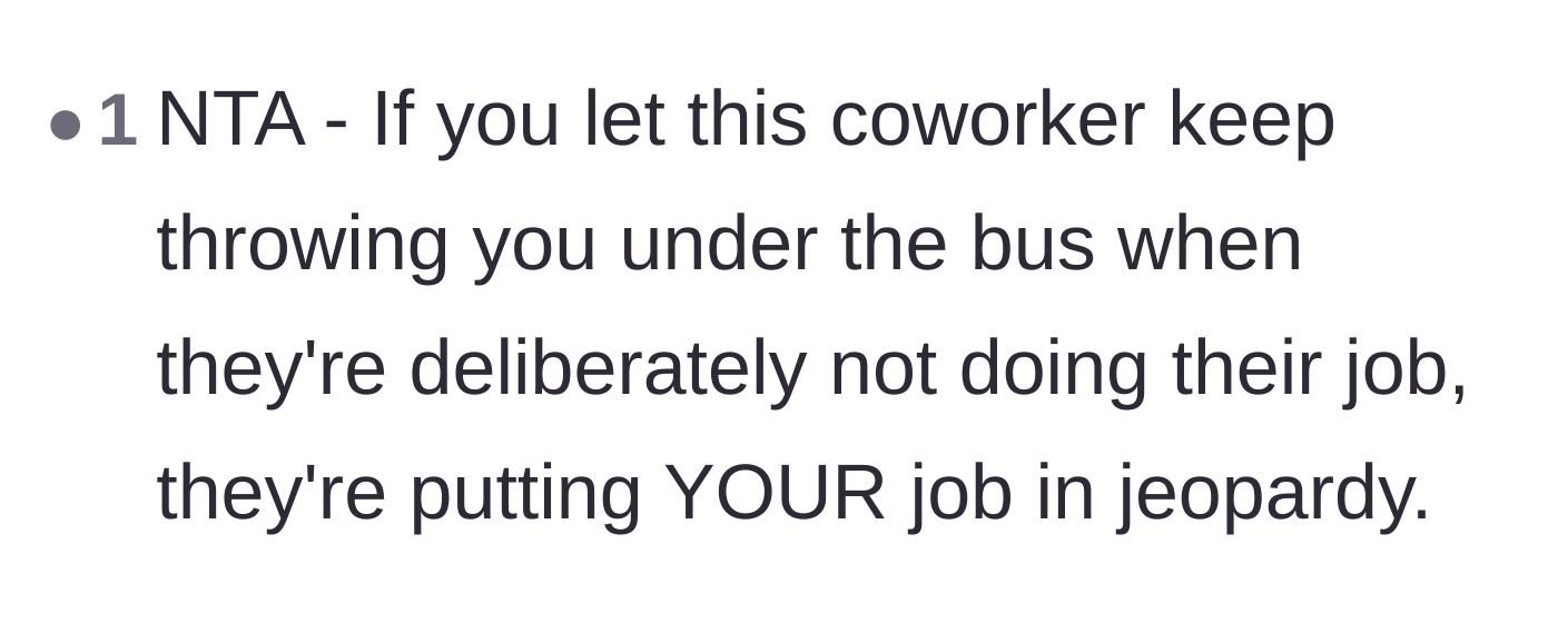Comment thread 6 - Warning that letting a lazy coworker throw you under the bus puts your own job in jeopardy