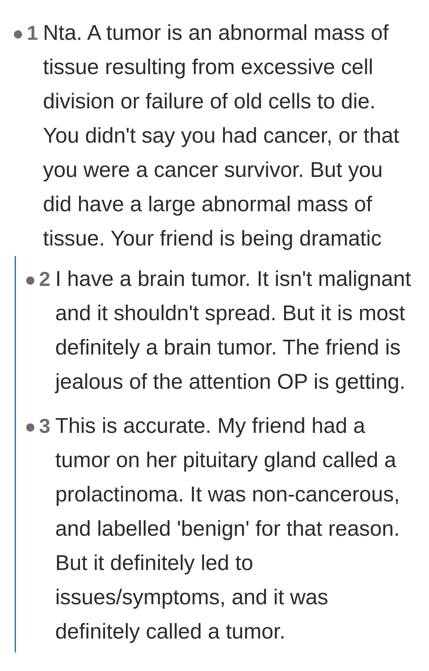Comment thread 1 - A discussion defining what a tumor is, with survivors sharing stories of their own serious benign tumors.