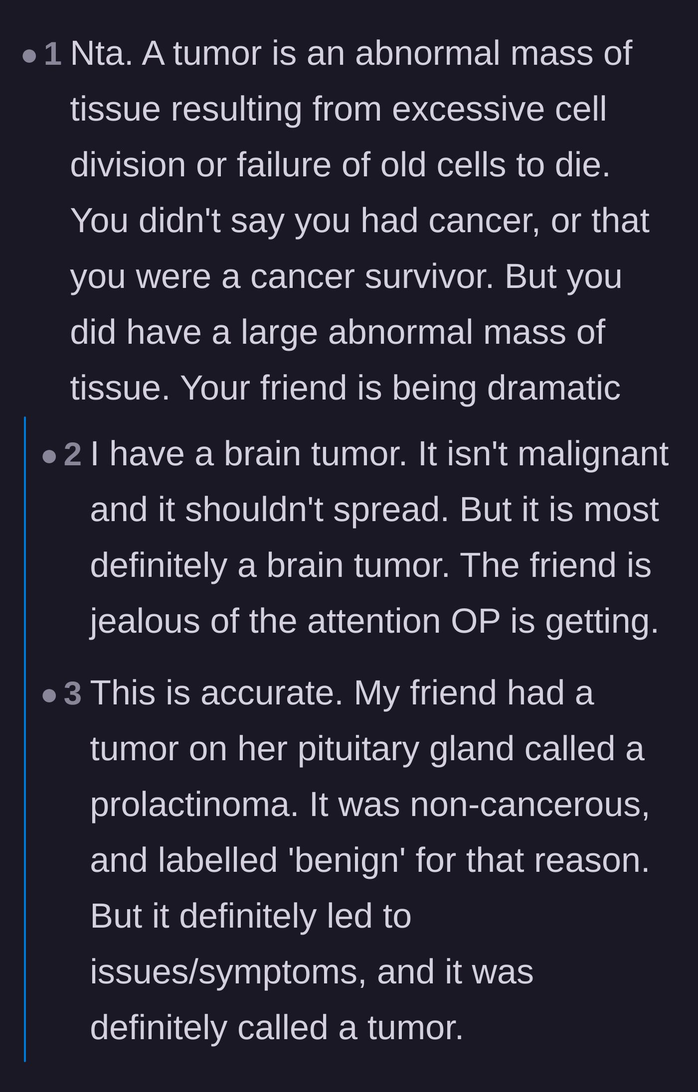 Comment thread 1 - A discussion defining what a tumor is, with survivors sharing stories of their own serious benign tumors.
