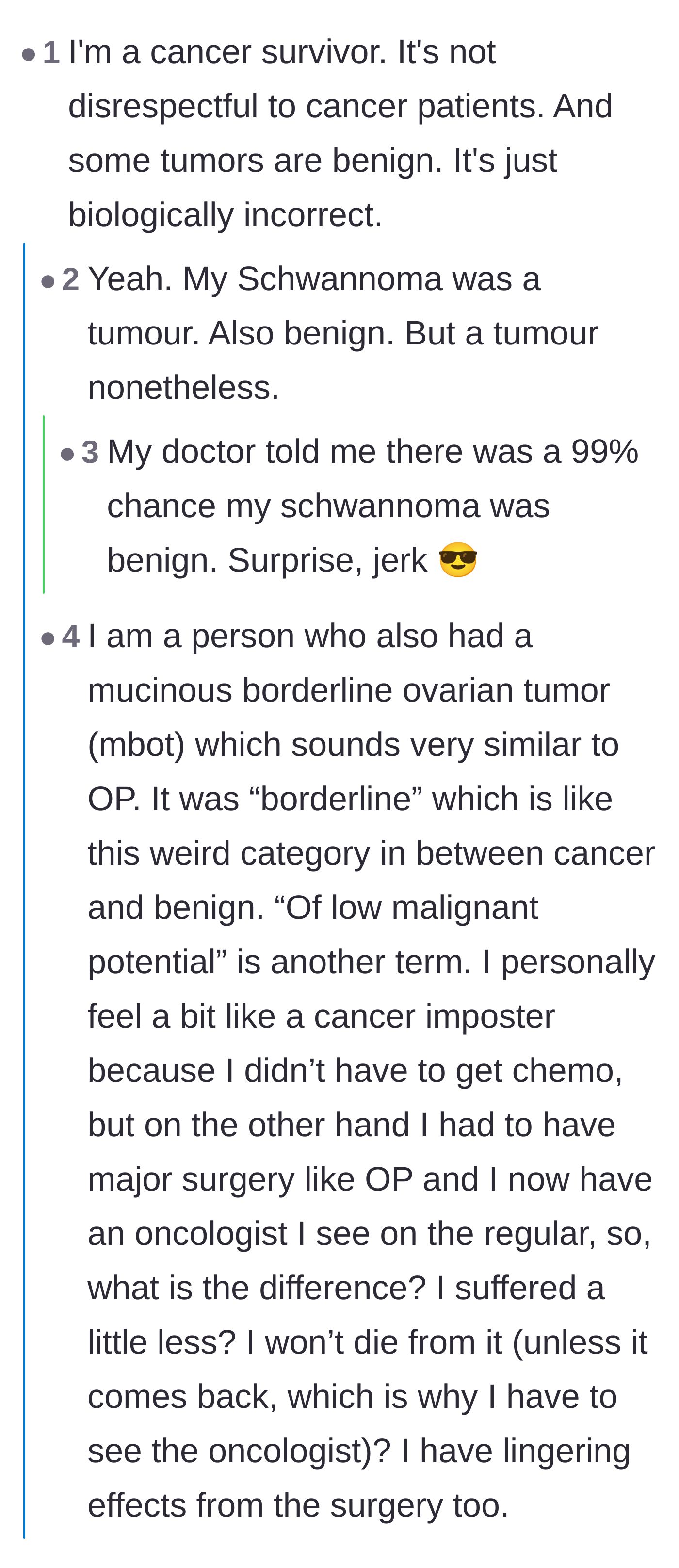 Comment thread 4 - An actual cancer survivor confirming they aren't offended, sparking a nuanced talk about medical imposter syndrome.